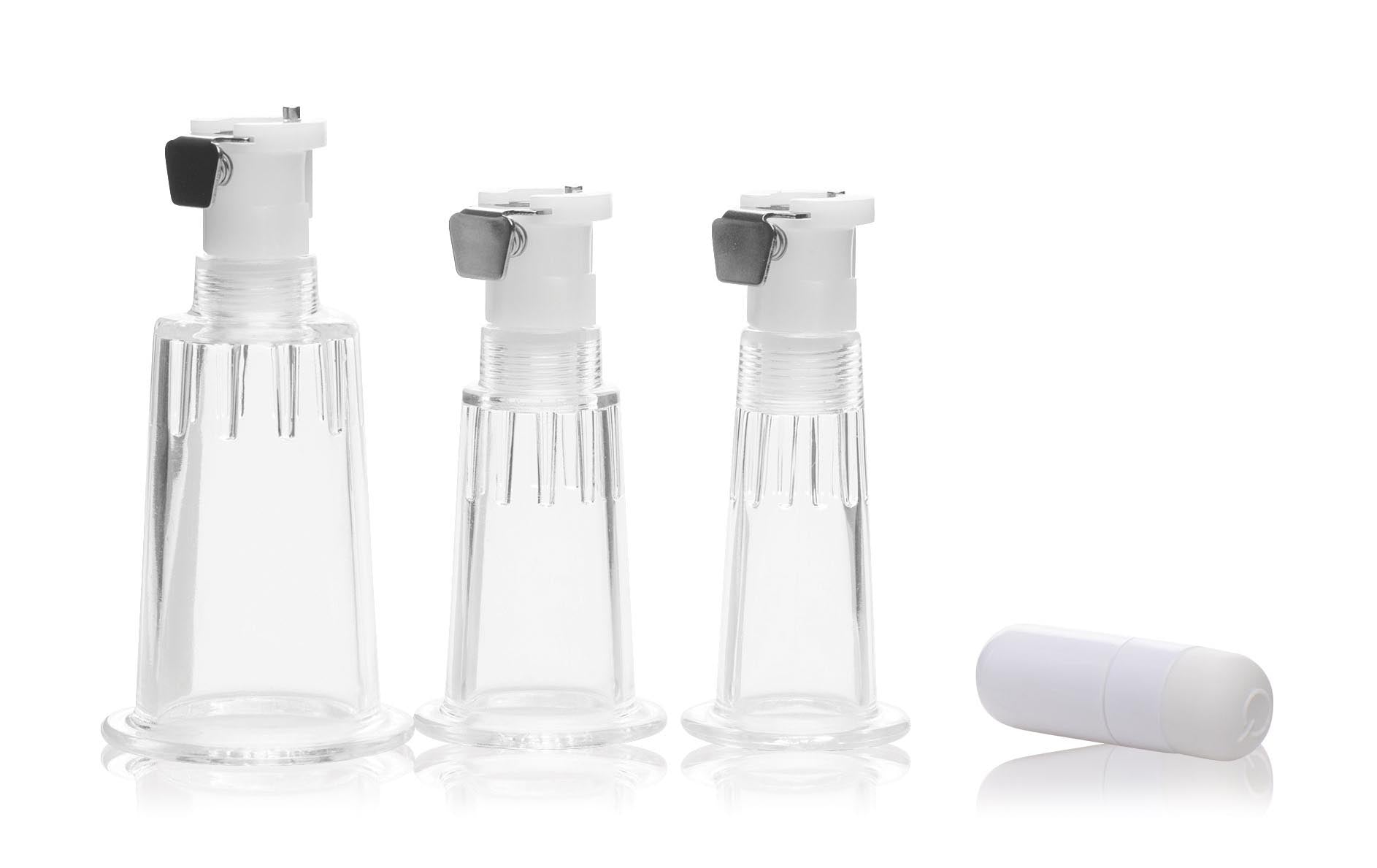 Different components of a clitoris pumping system with spray nozzles