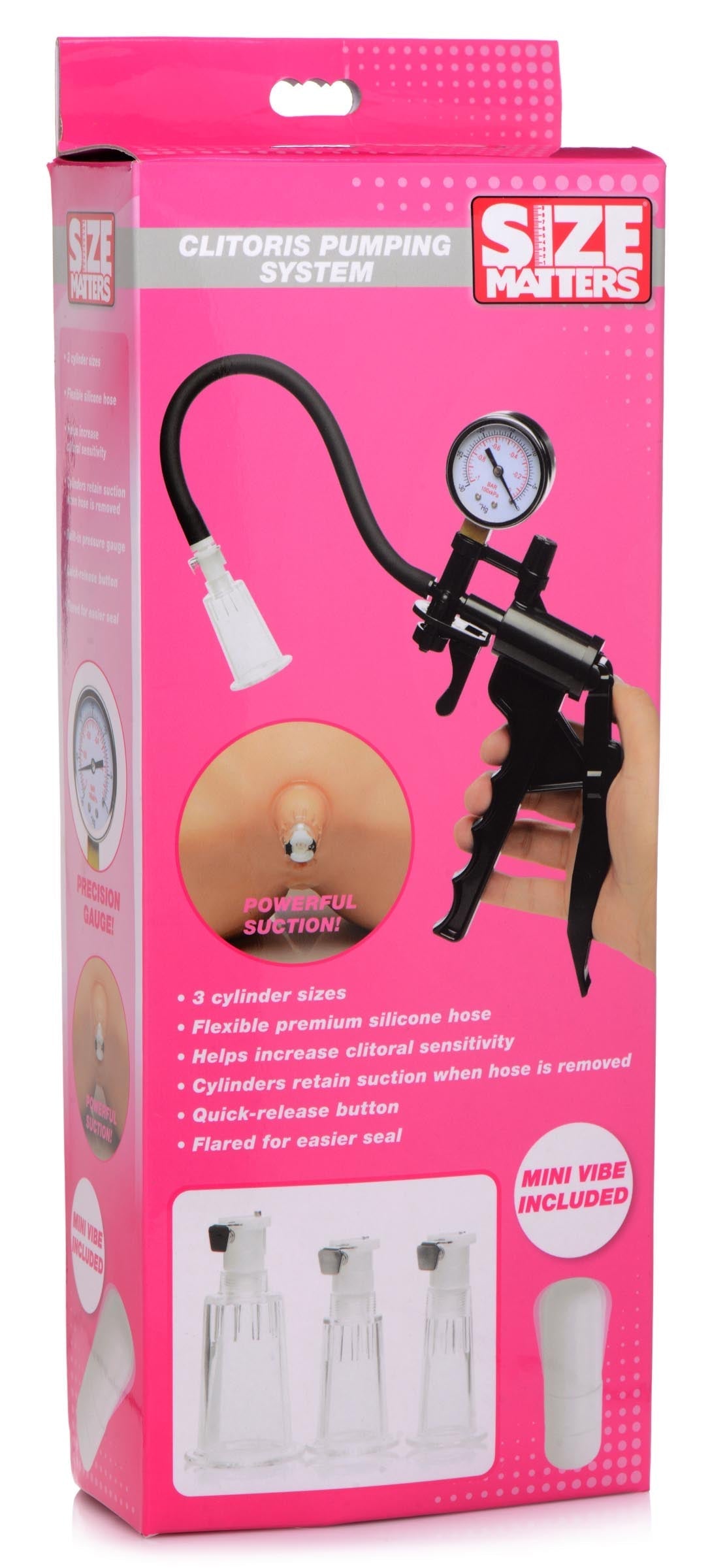 Clitoris pump system packaged in a discreet pink box