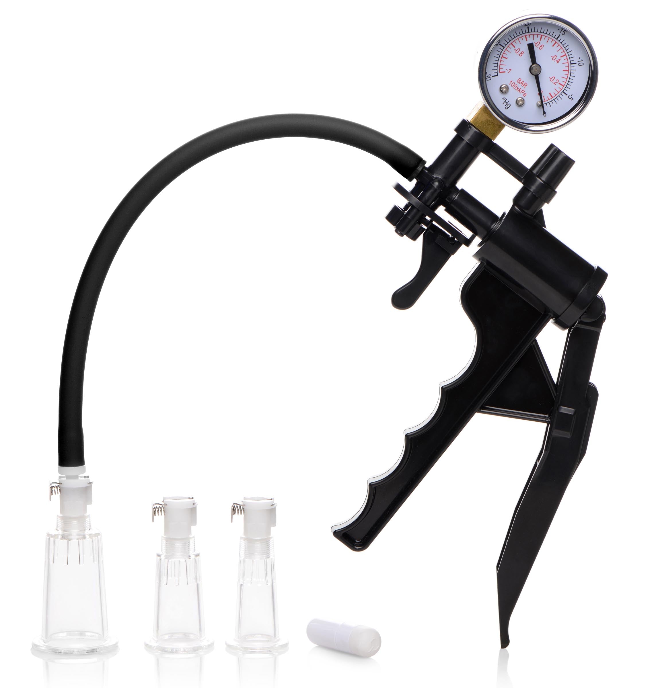 Clitoris pump with a black and white manual pressure pump and gauge