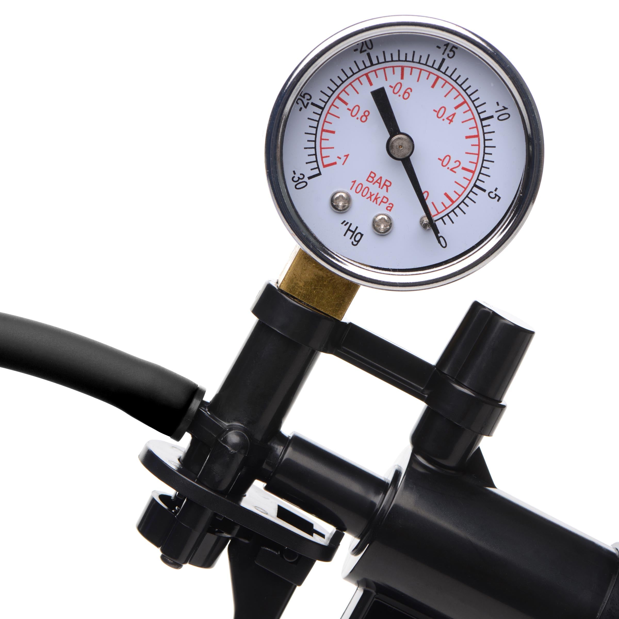 Pressure gauge attached to a black hose against a white background