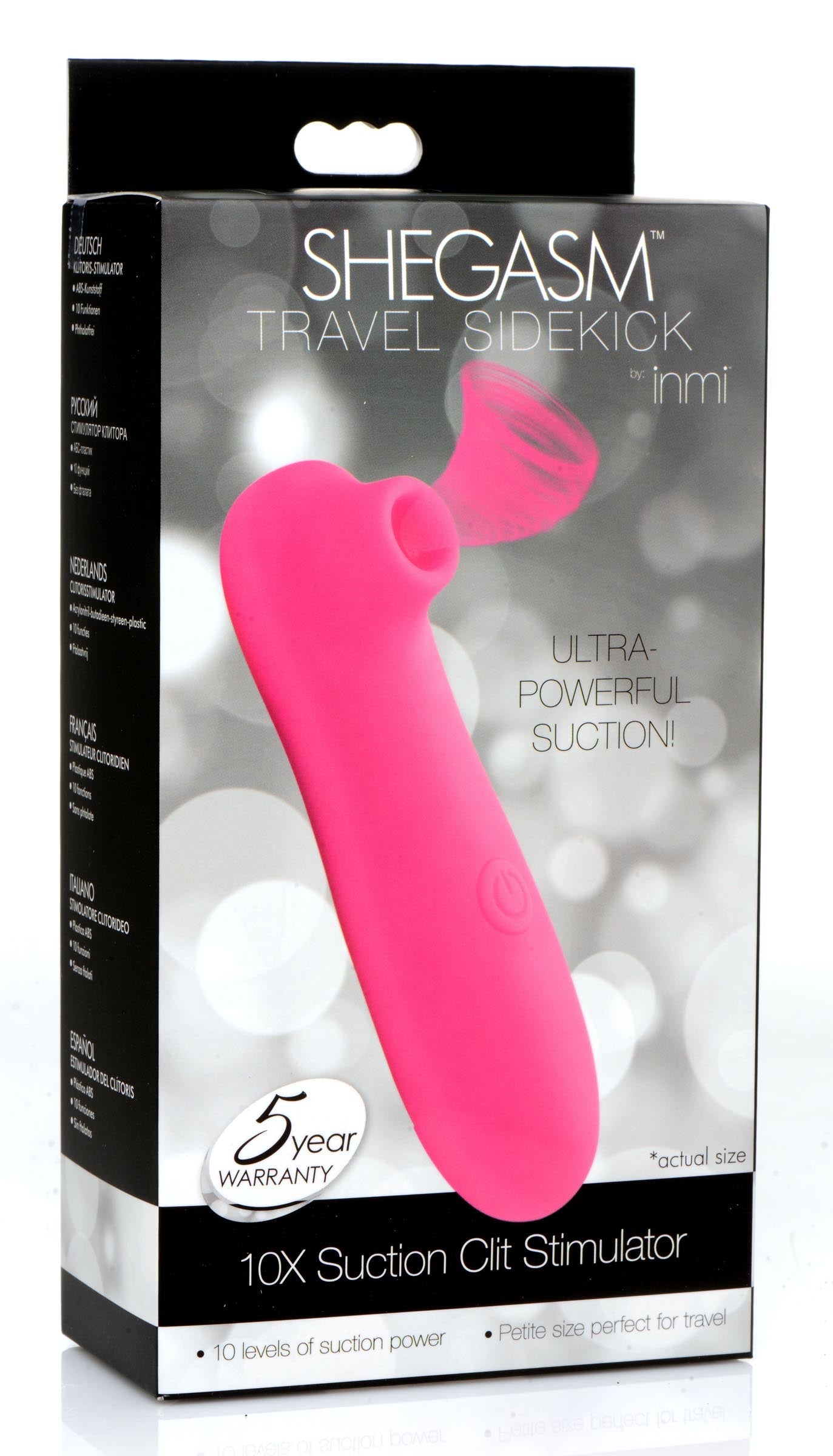 The Travel Sidekick 10x Suction Clit Stimulator in its packaging with 'Sheegasm Travel Kit - Pink' label