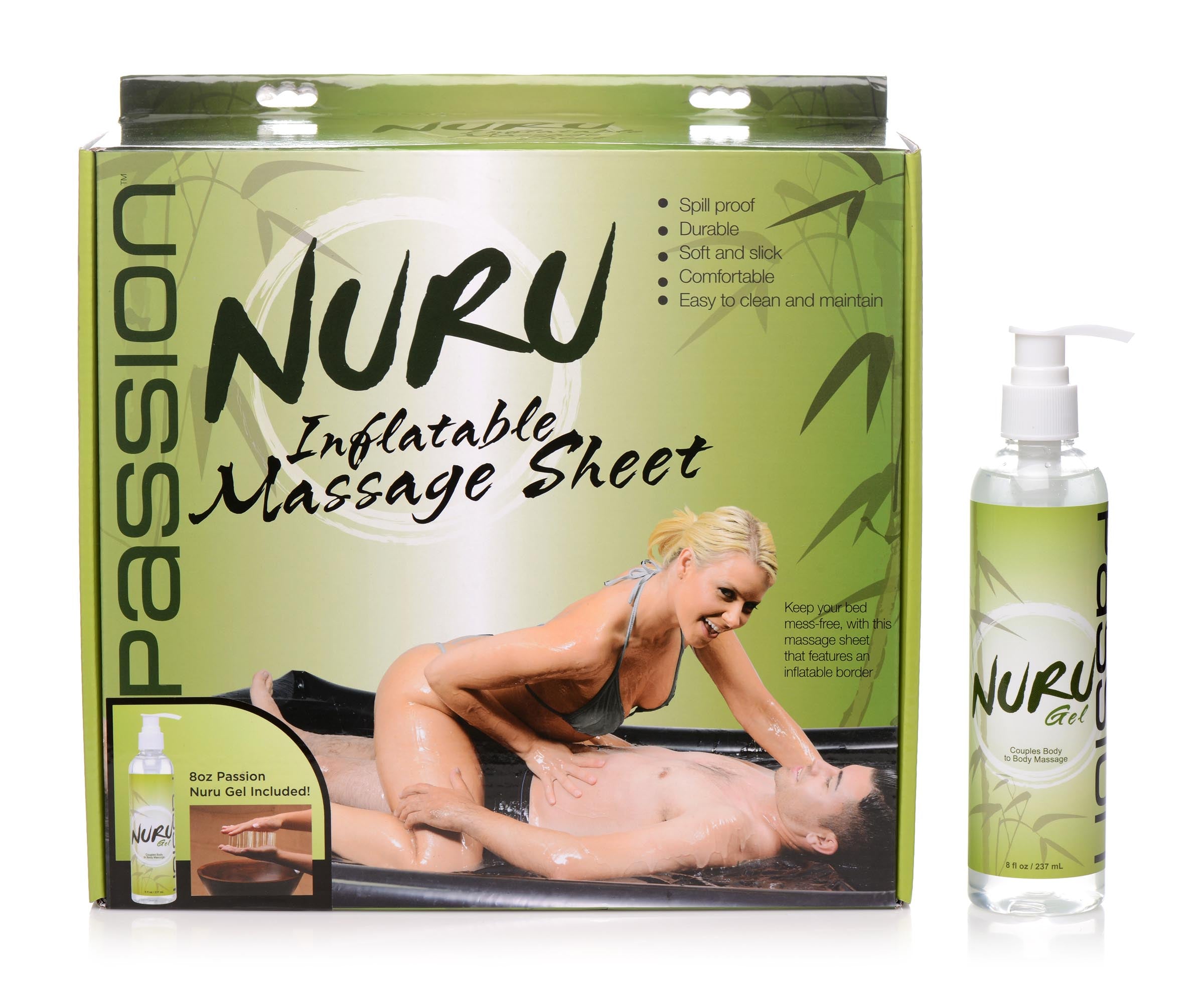 Nuru Deluxe Inflatable Massage Sheet with a bottle of specialty massage oil