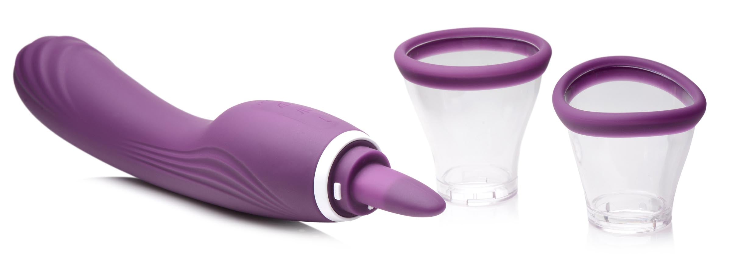 Lickgasm 8x oral simulator vibrator displayed beside a clear bottle for size comparison