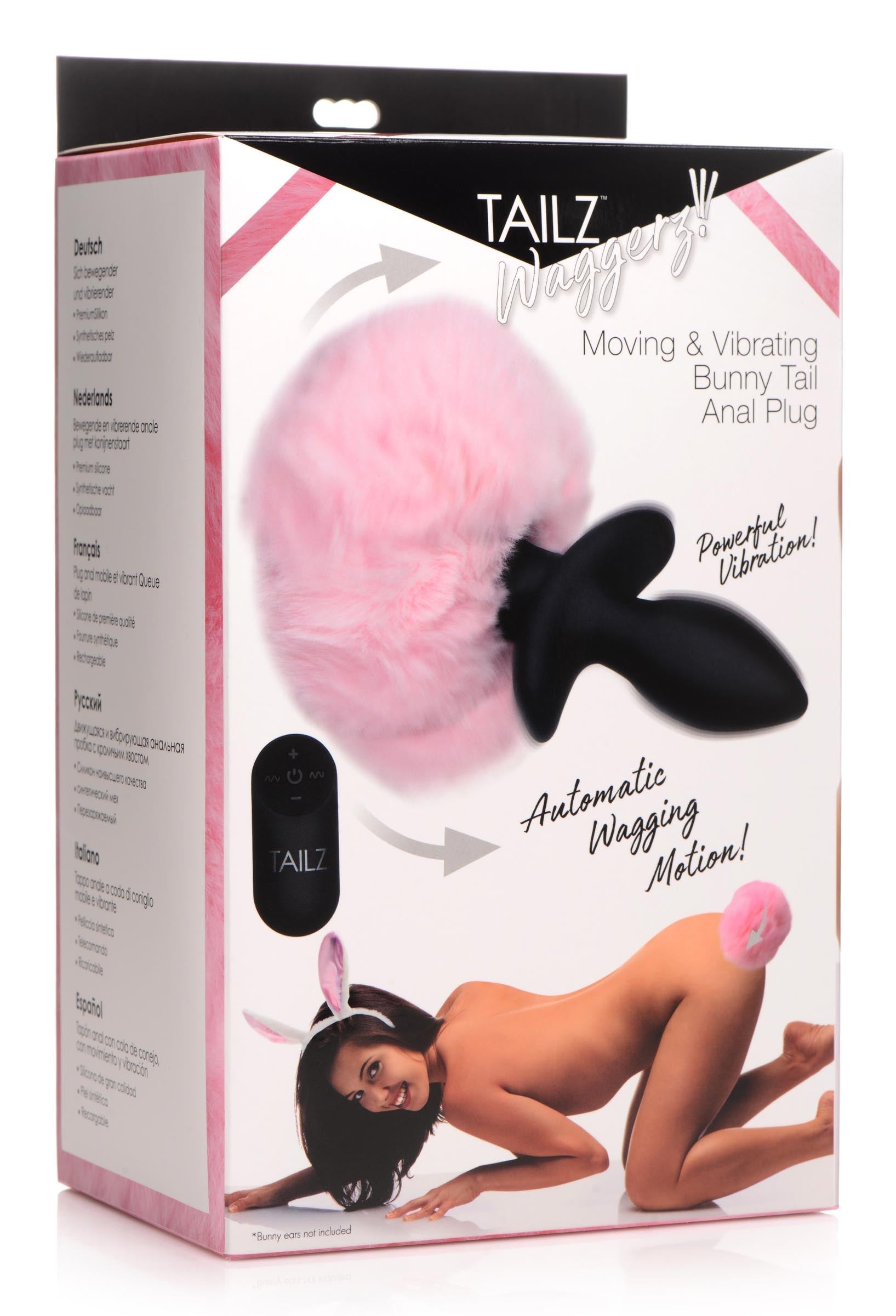 Packaging for the Remote Control Wagging Bunny Tail Anal Plug with a pink theme