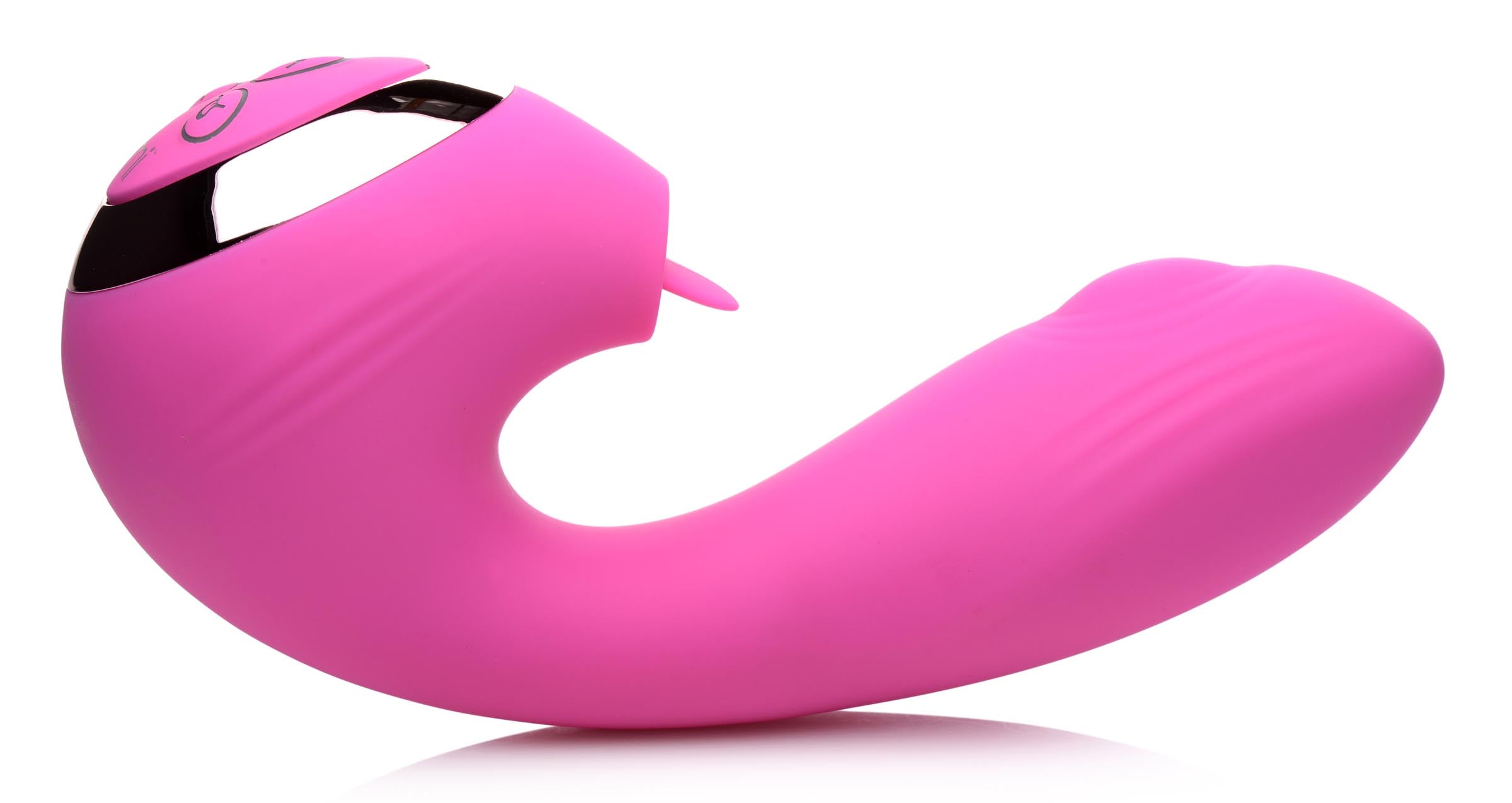 The 10x Licking G-throb Silicone Vibrator placed on a white background