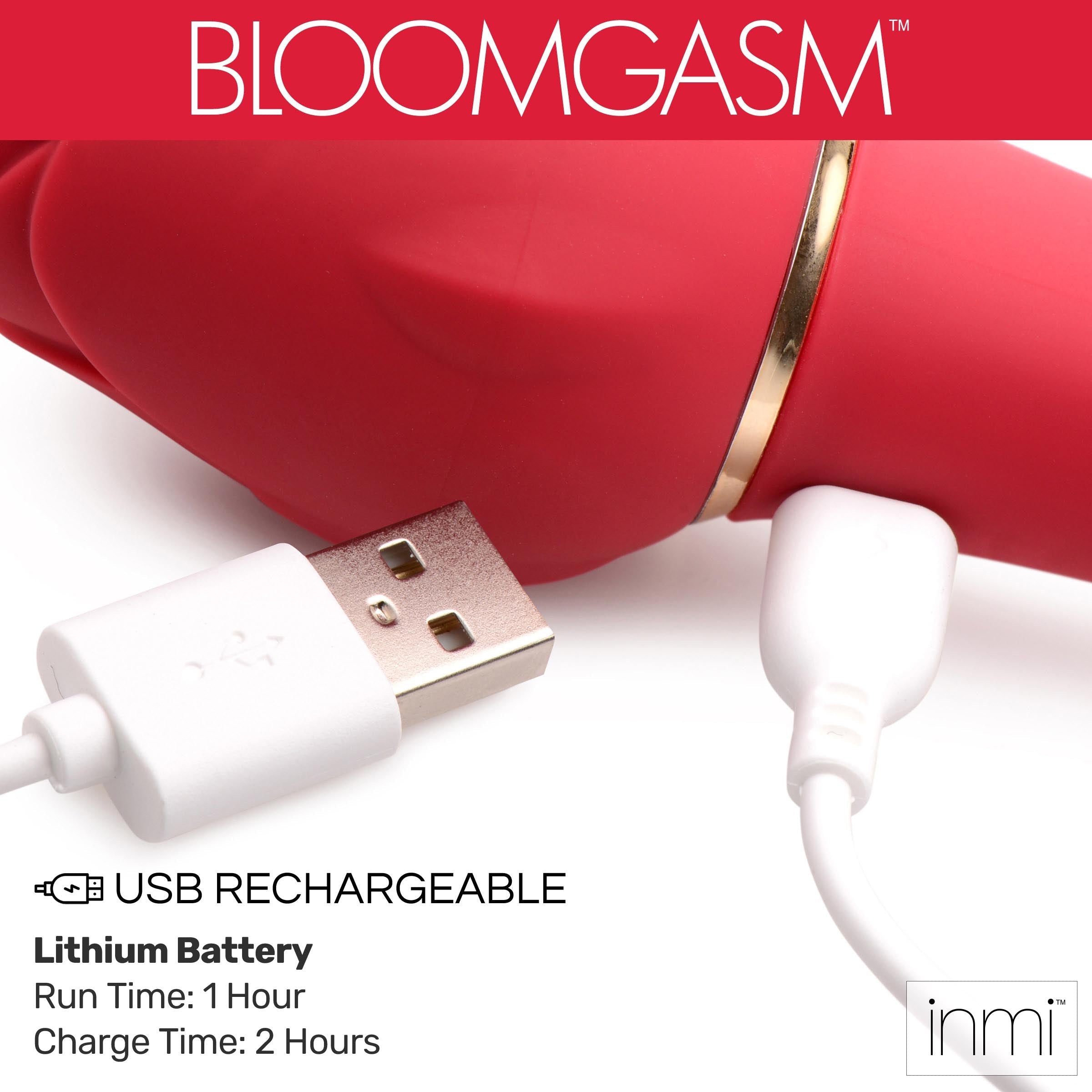 USB charging cable connected to the Bloomgasm Sweet Heart Rose Clitoral Suction Vibrator