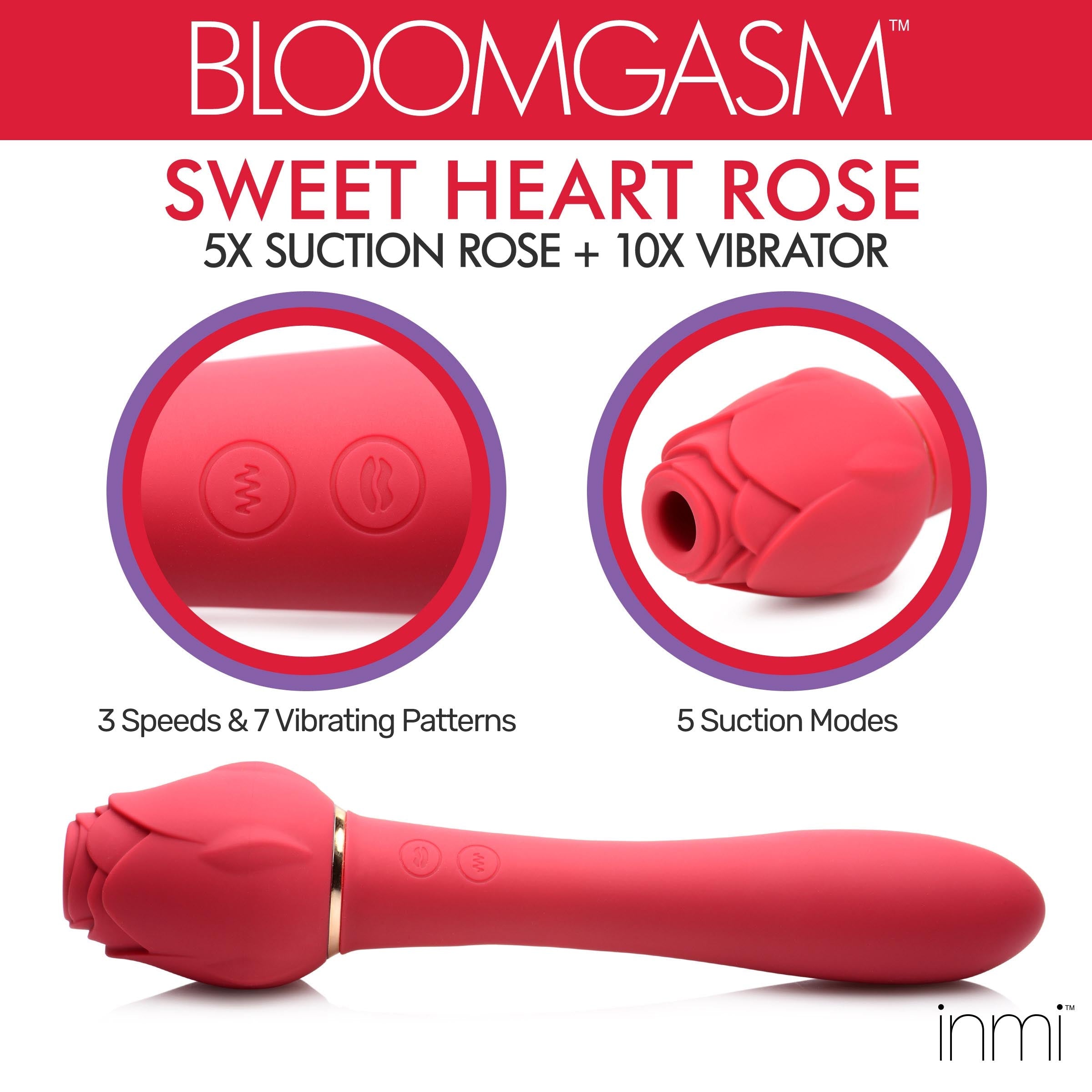 Bloomgasm Sweet Heart Rose Clitoral Suction Vibrator with suction feature highlighted