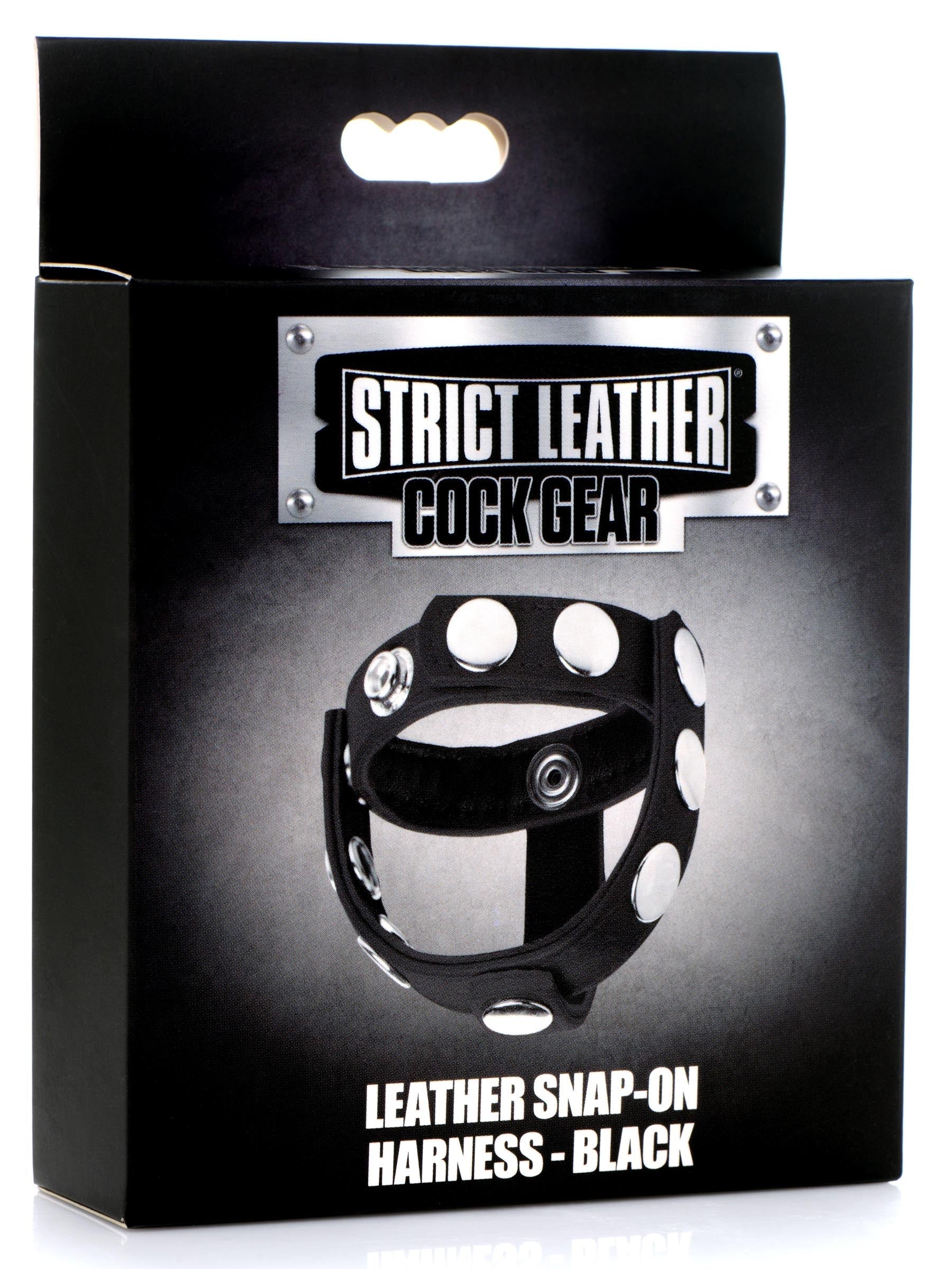 Leather snap-on cock harness packaged neatly in a box