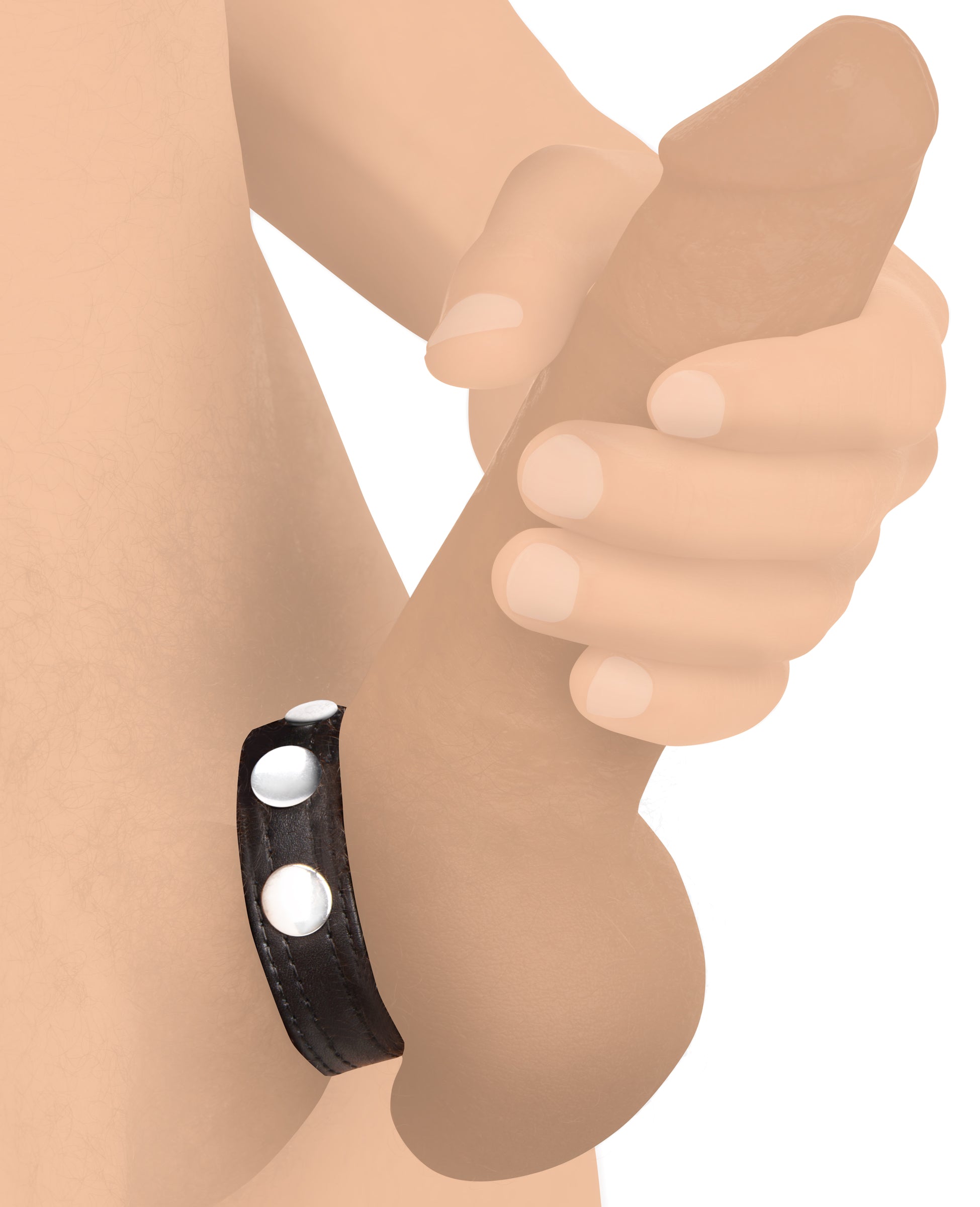 Hand holding a black leather adjustable cock ring