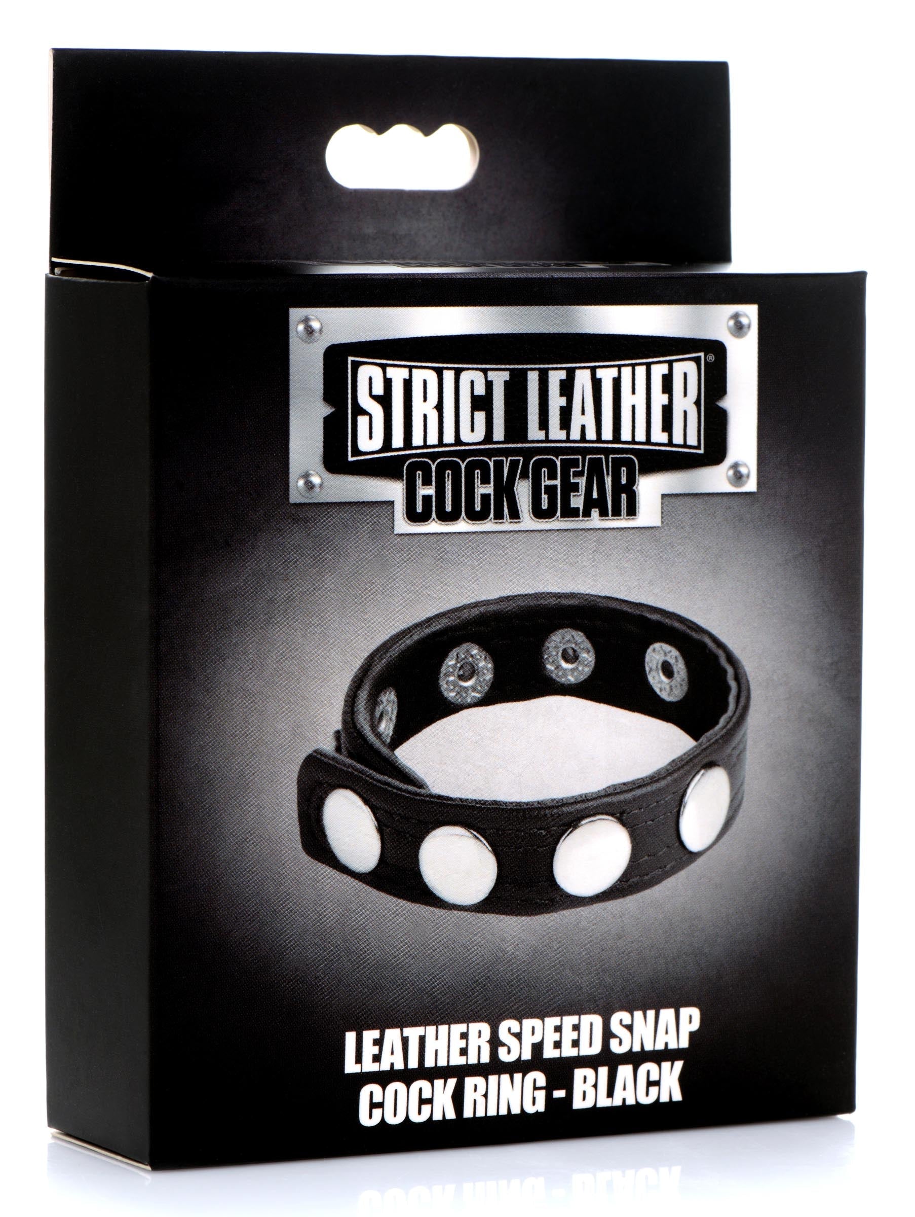 Black leather speed snap cock ring in its original packaging