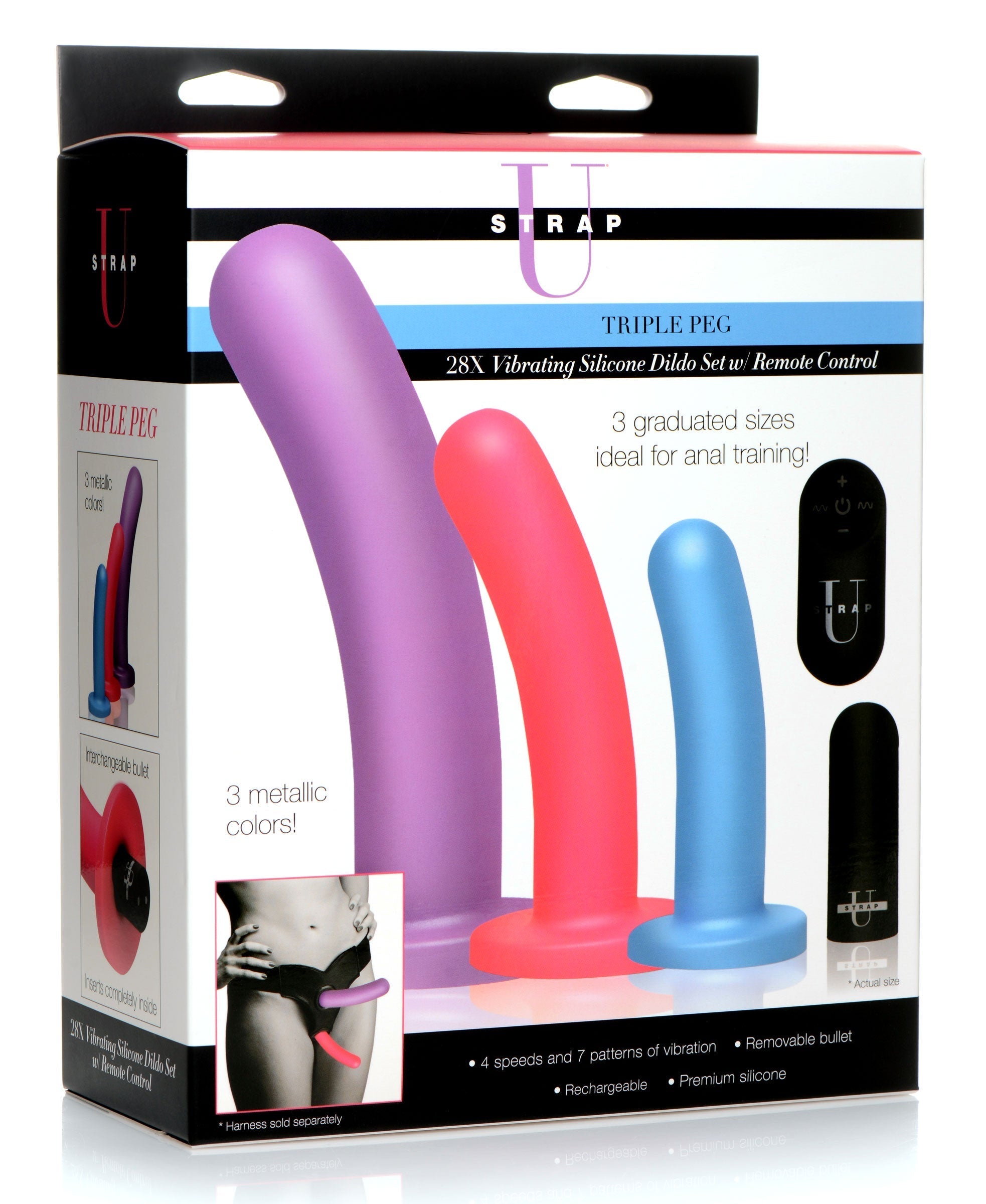 The Triple Peg 28x set featuring three silicone vibrating dildos