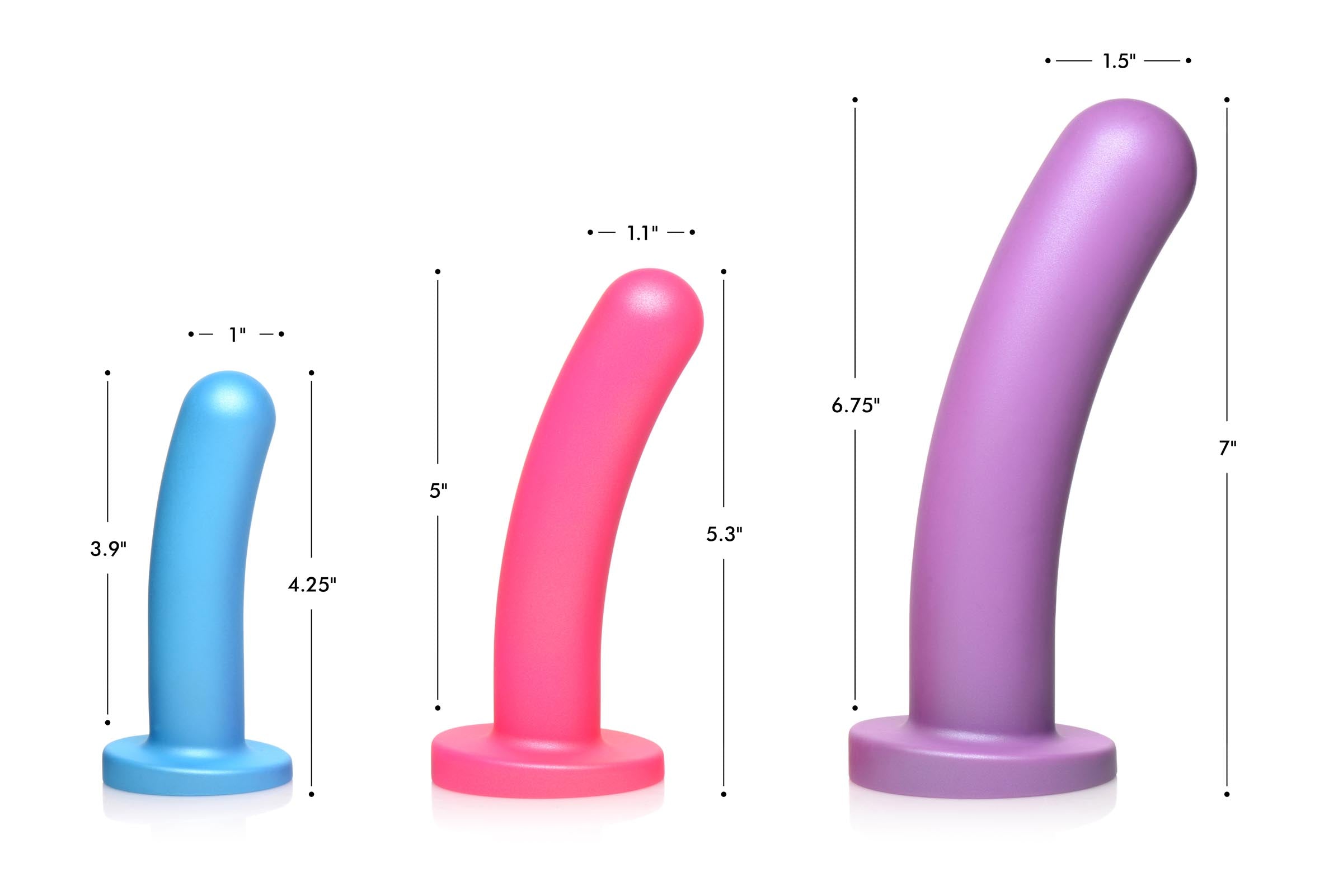 A variety of silicone dildos from the Triple Peg 28x set with varying sizes