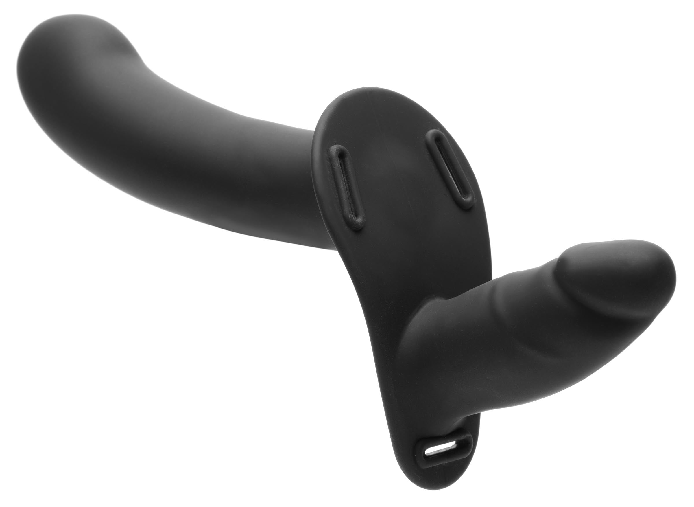 Harness component designed to hold a double-ended dildo with grip handle