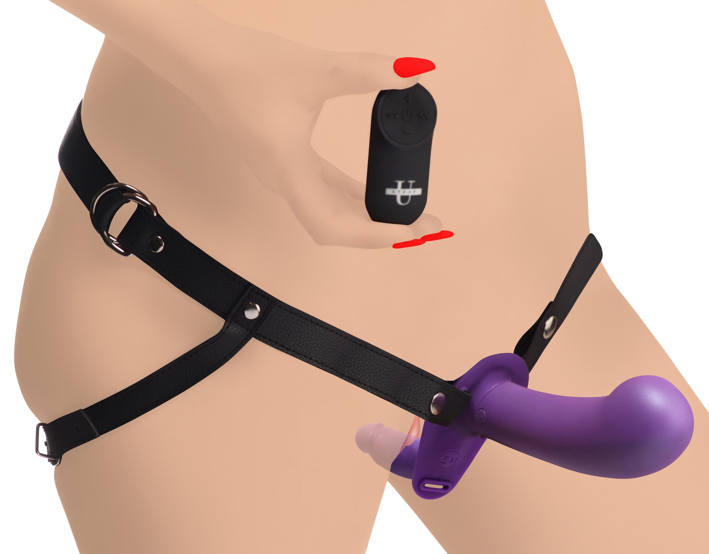 A model wearing the harness equipped with the purple double-ended dildo