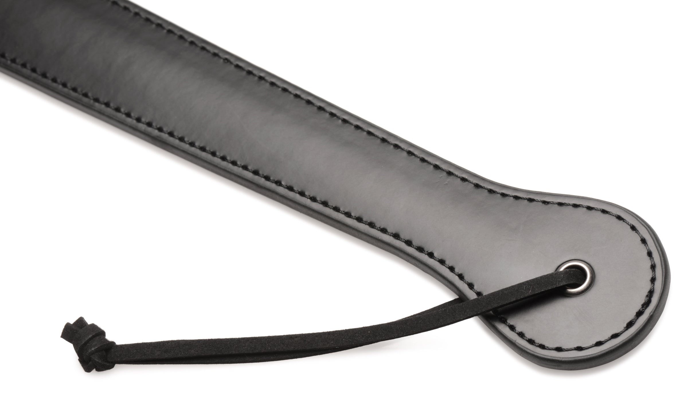 A 19-inch black leather slapper paddle with a smooth finish