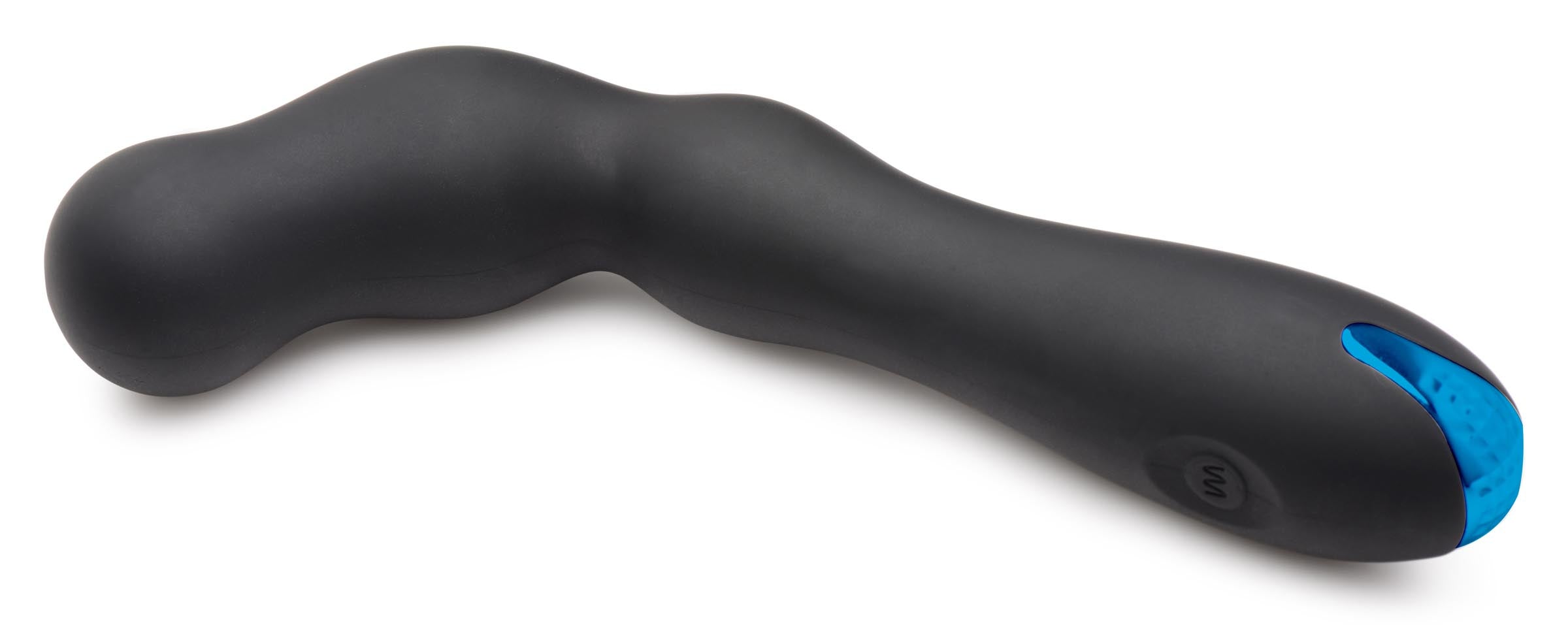 Silicone beaded prostate vibrator in black and blue on a white surface