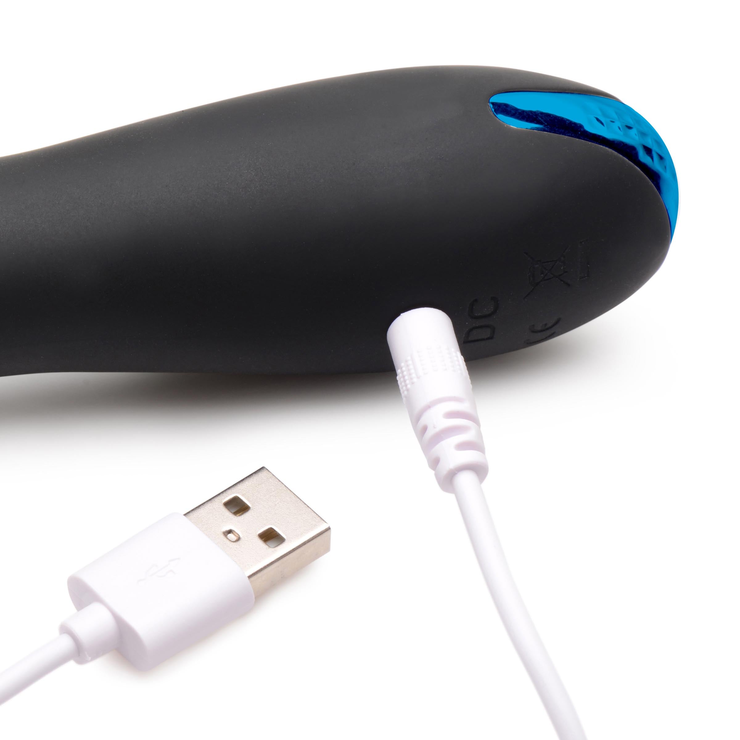 Black and blue silicone beaded prostate vibrator with a USB charging cable