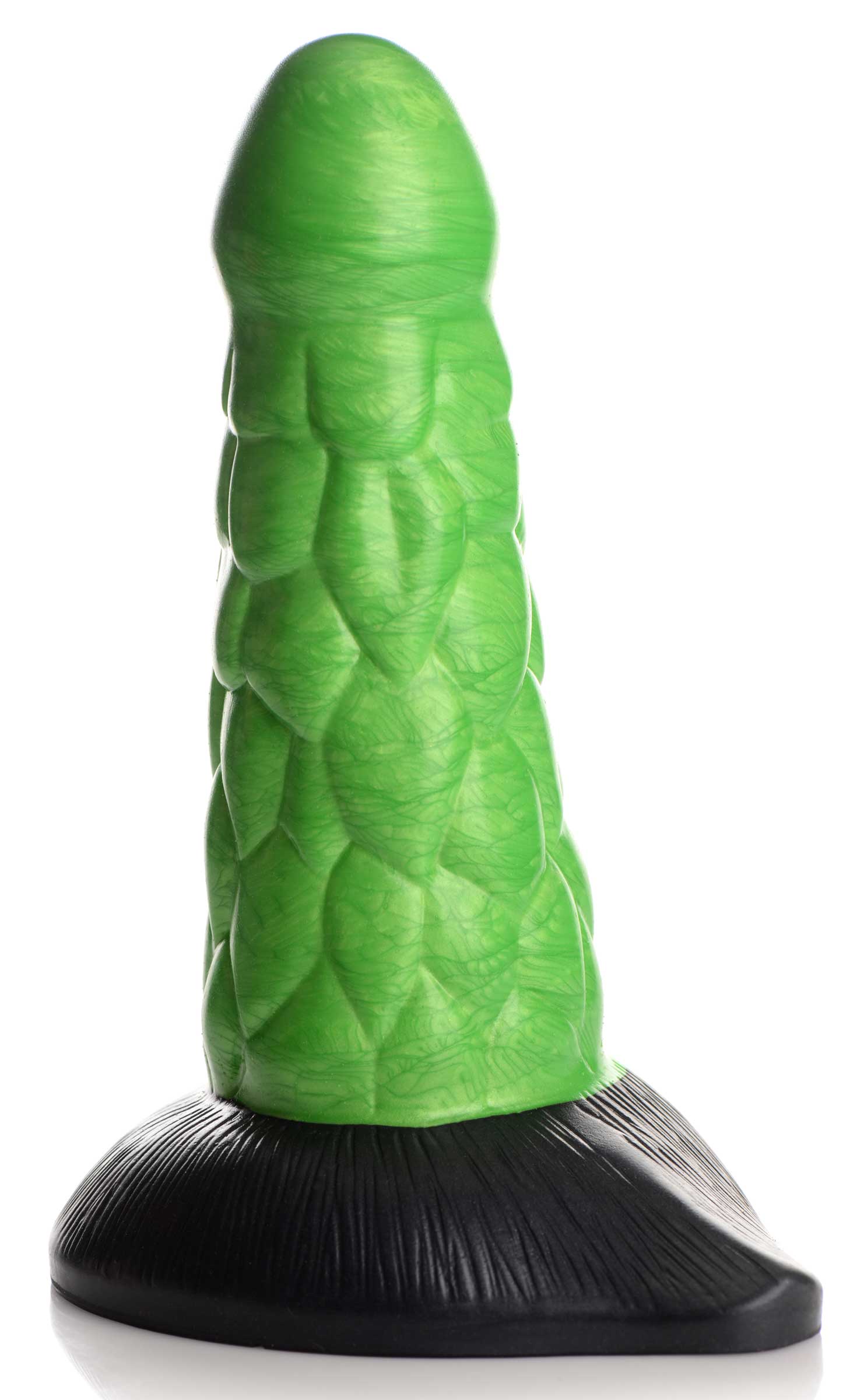 Silicone dildo with green and black scales and a sturdy base