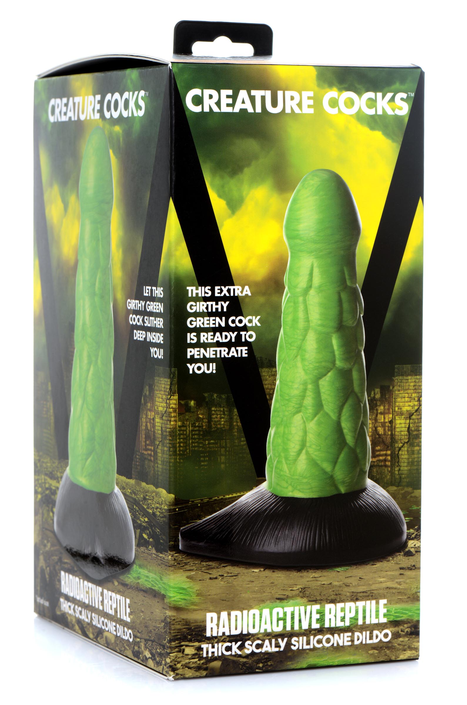 Silicone dildo featuring a scaly reptile texture in a radioactive green hue