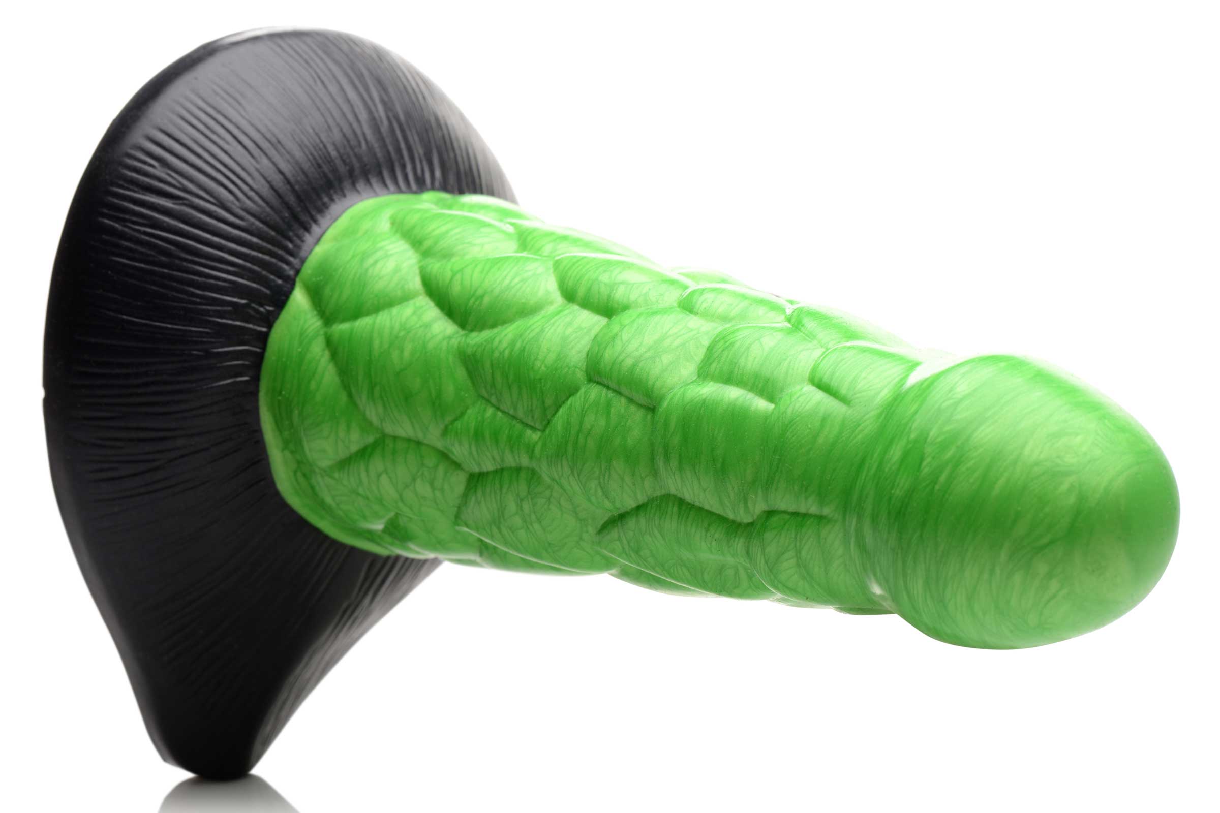 Cone-shaped silicone toy with green and black reptilian design