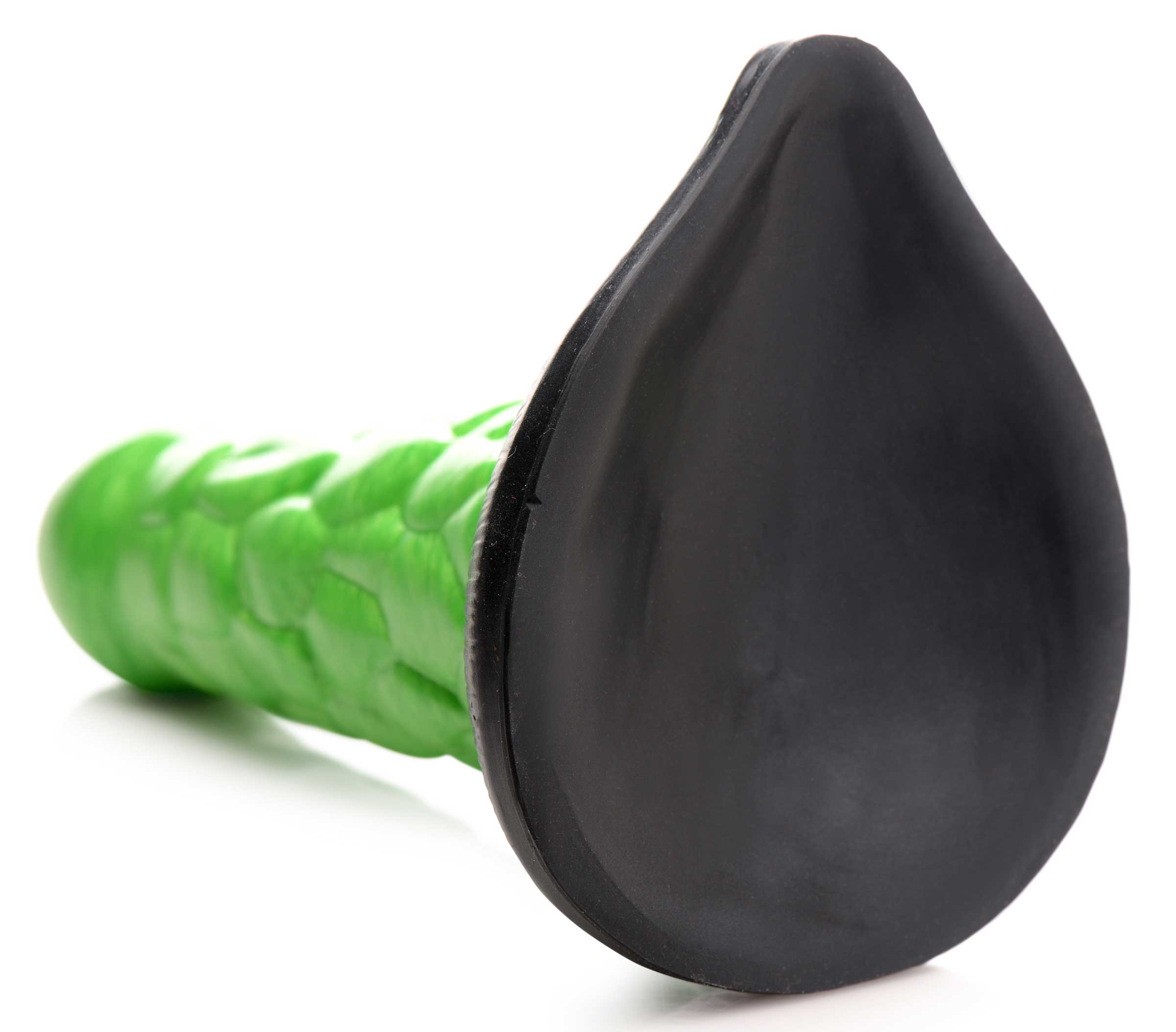 Water droplet-shaped silicone dildo with a green and black scaly pattern