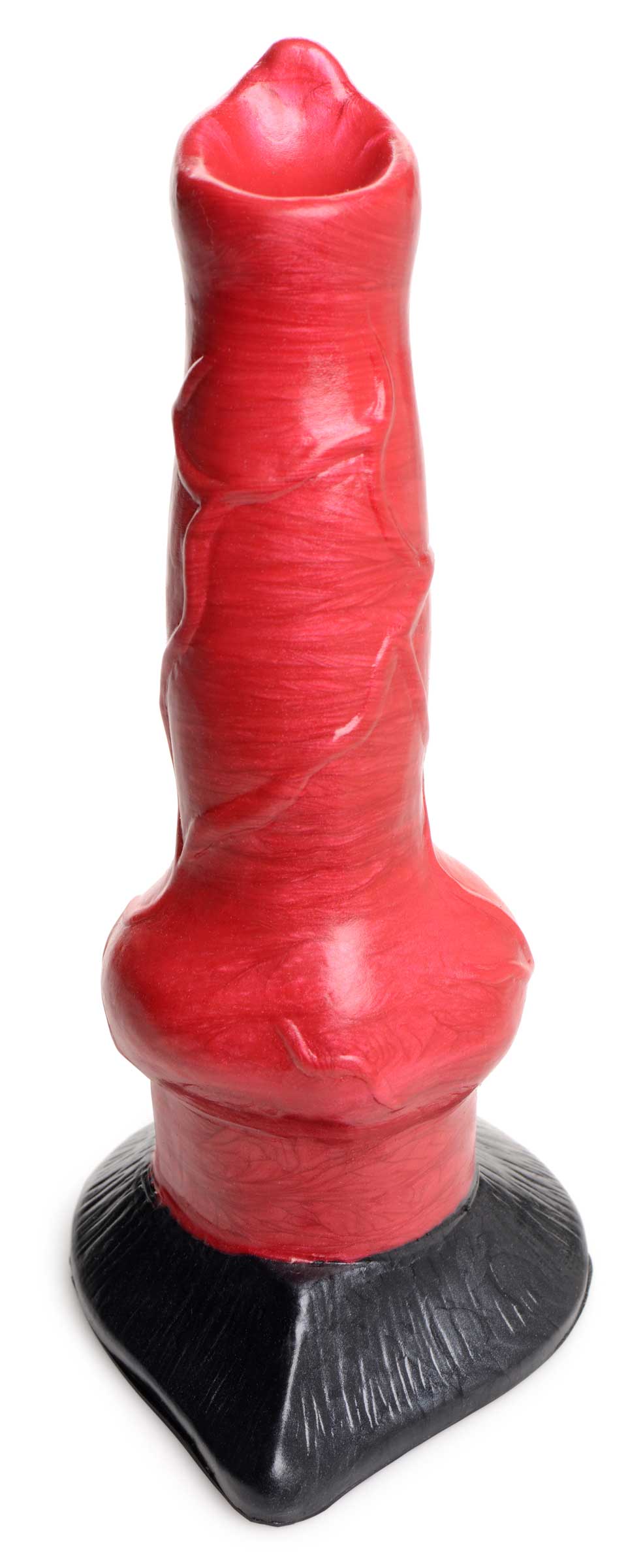 Hell-hound inspired silicone dildo resting on a white background