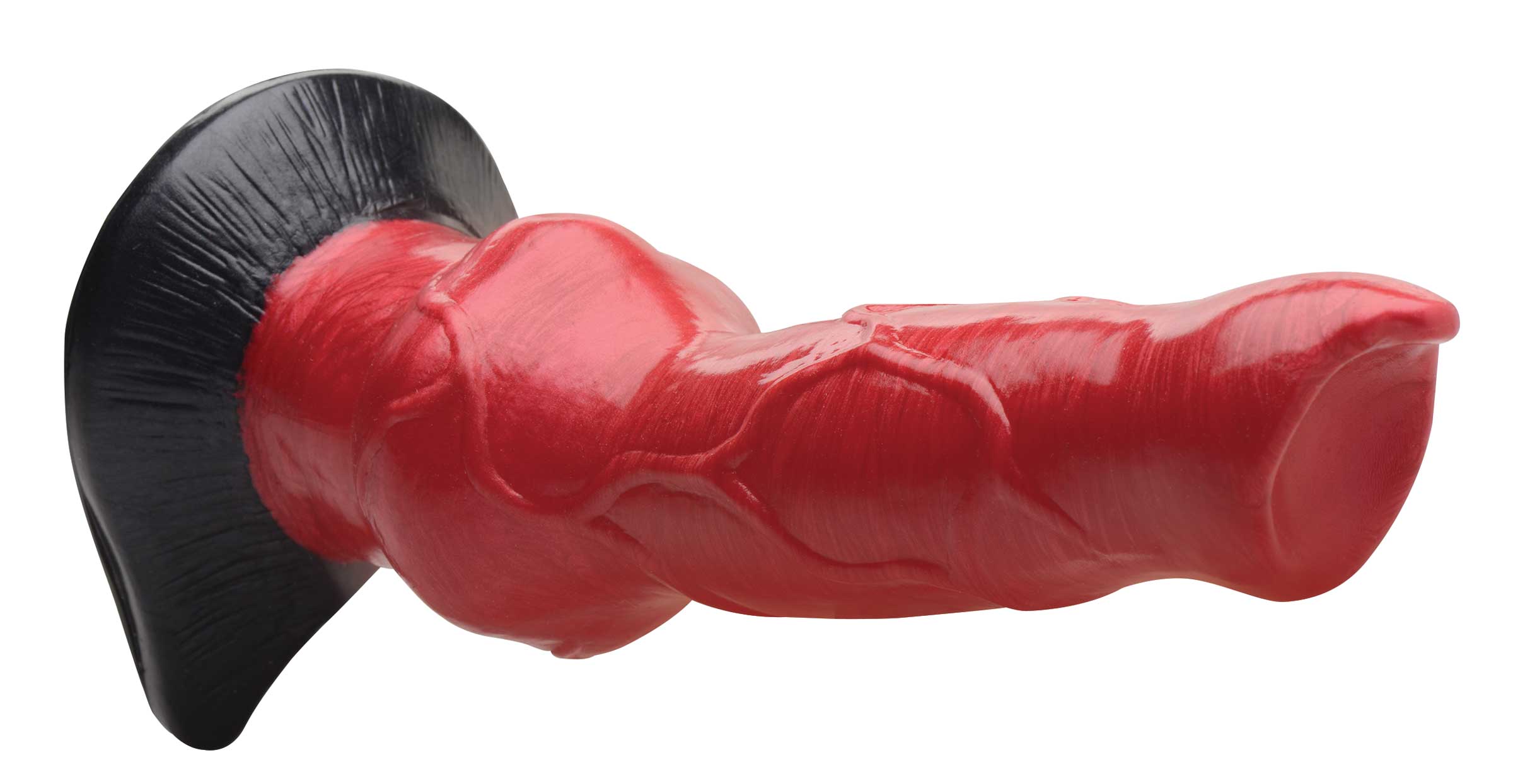 Silicone dildo modeled after a hell-hound with red and black coloring and ergonomic handle