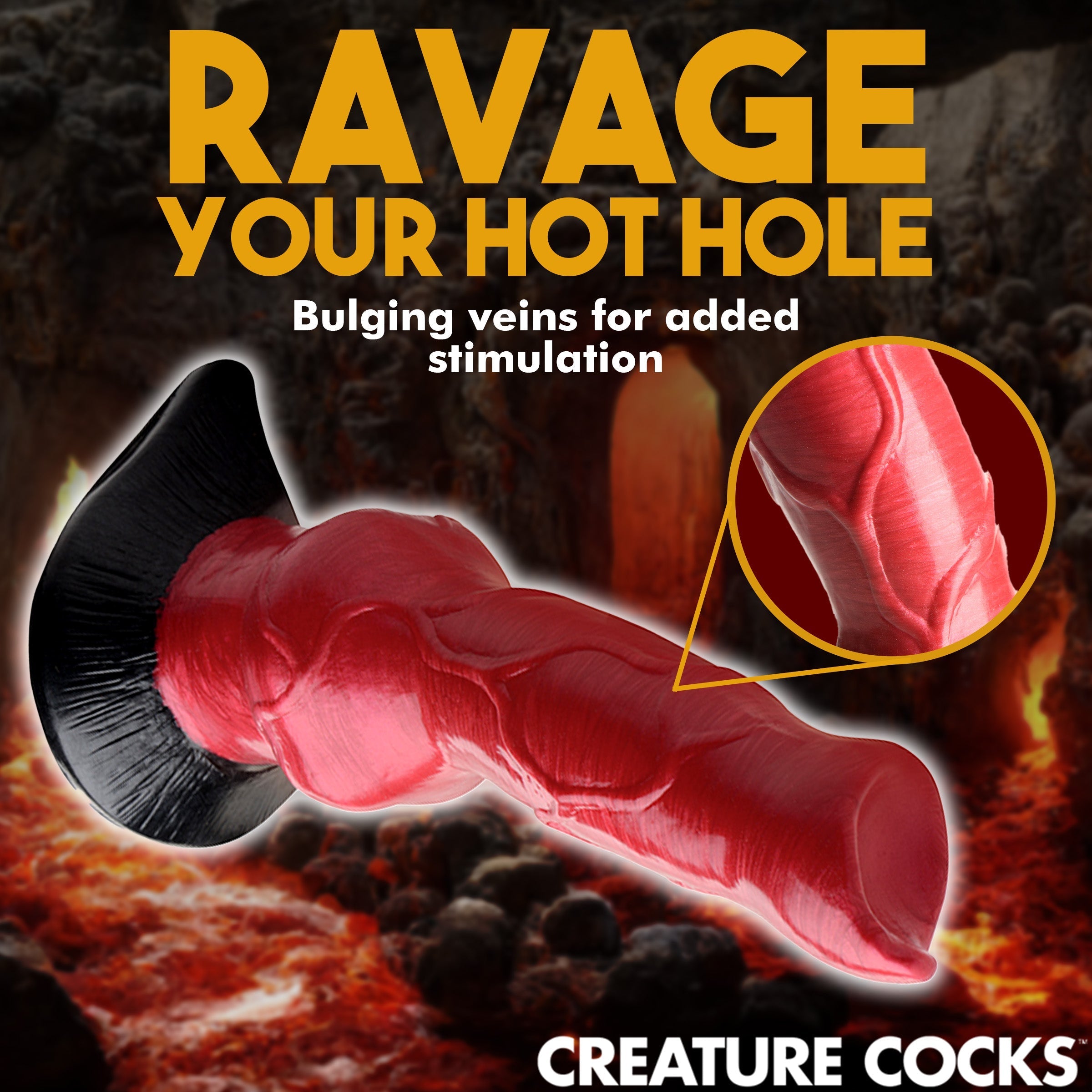 Hell-hound motif silicone dildo with suggestive text emphasizing fantasy play