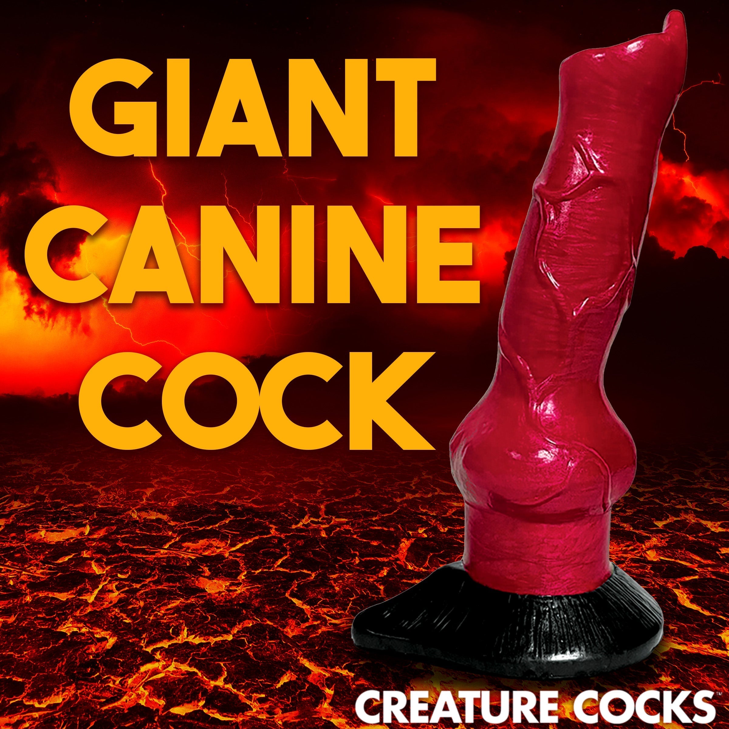 Large silicone dildo with hell-hound creature features and embossed text