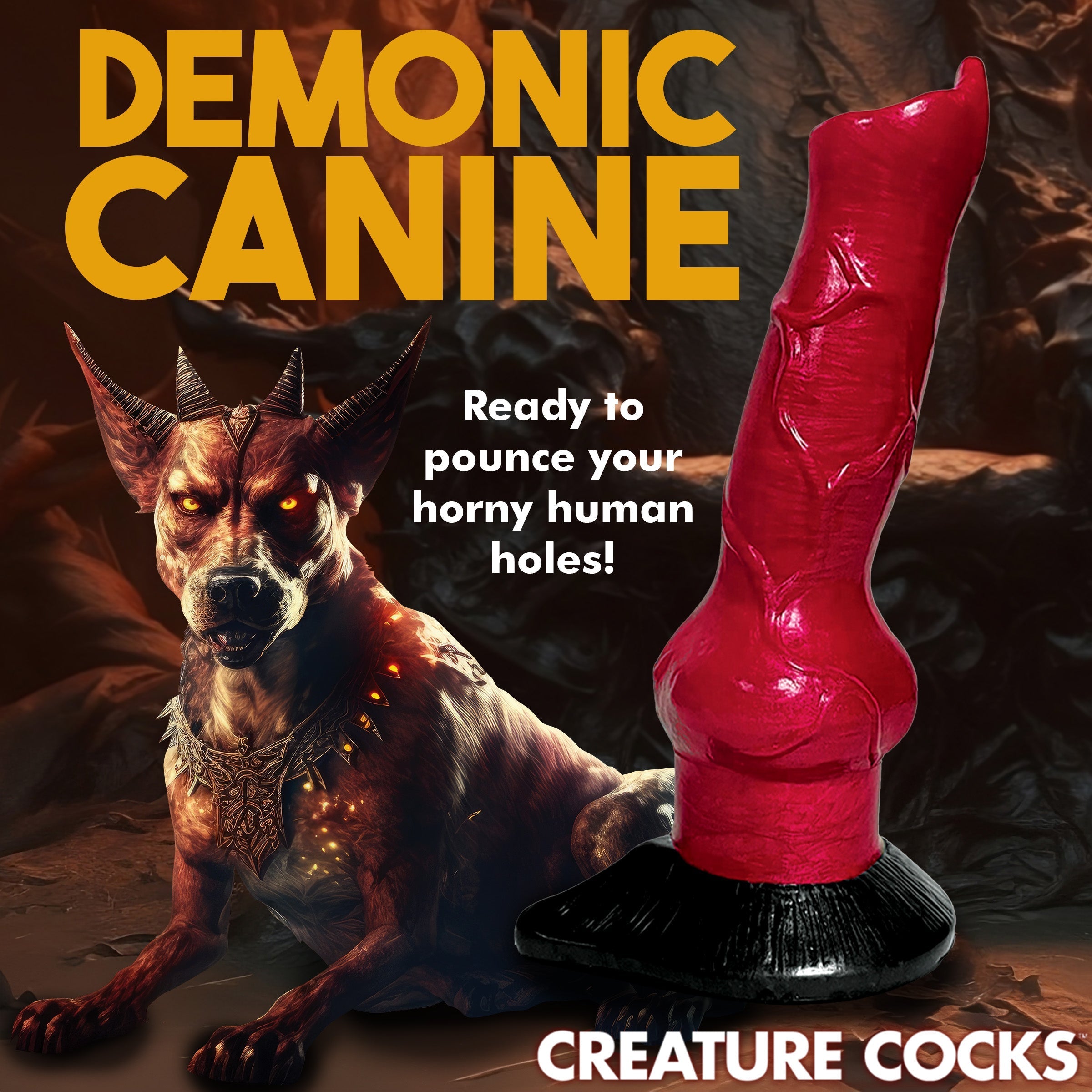 Red and black silicone dildo with canine inspiration beside a dog figurine