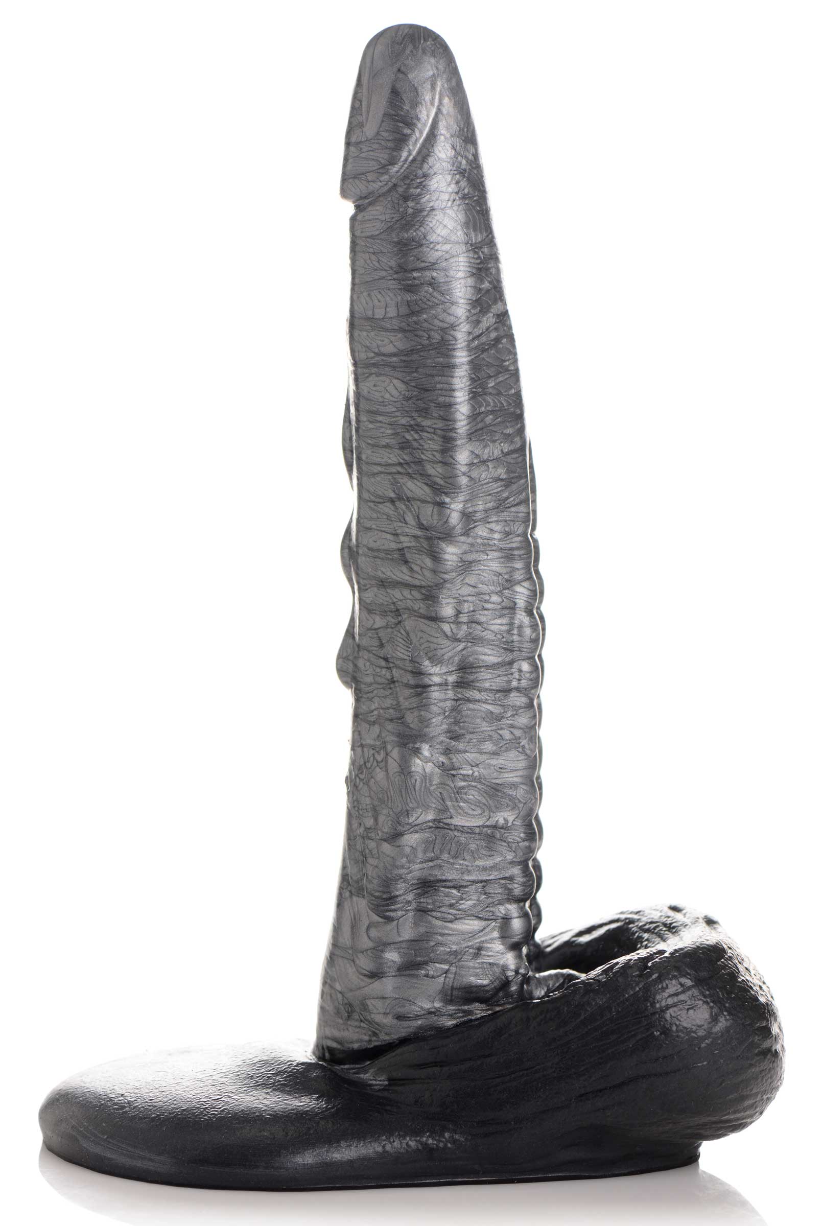 Metallic and black silicone dildo with intricate detailing