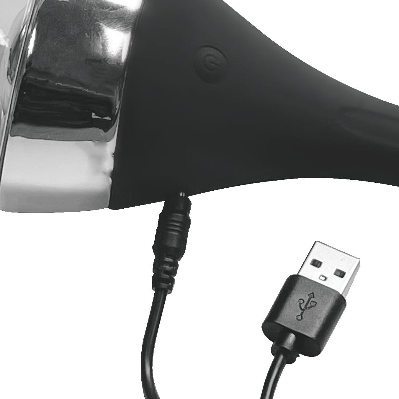 Auto-vibrating Enema Bulb with black and silver design and USB charging cable