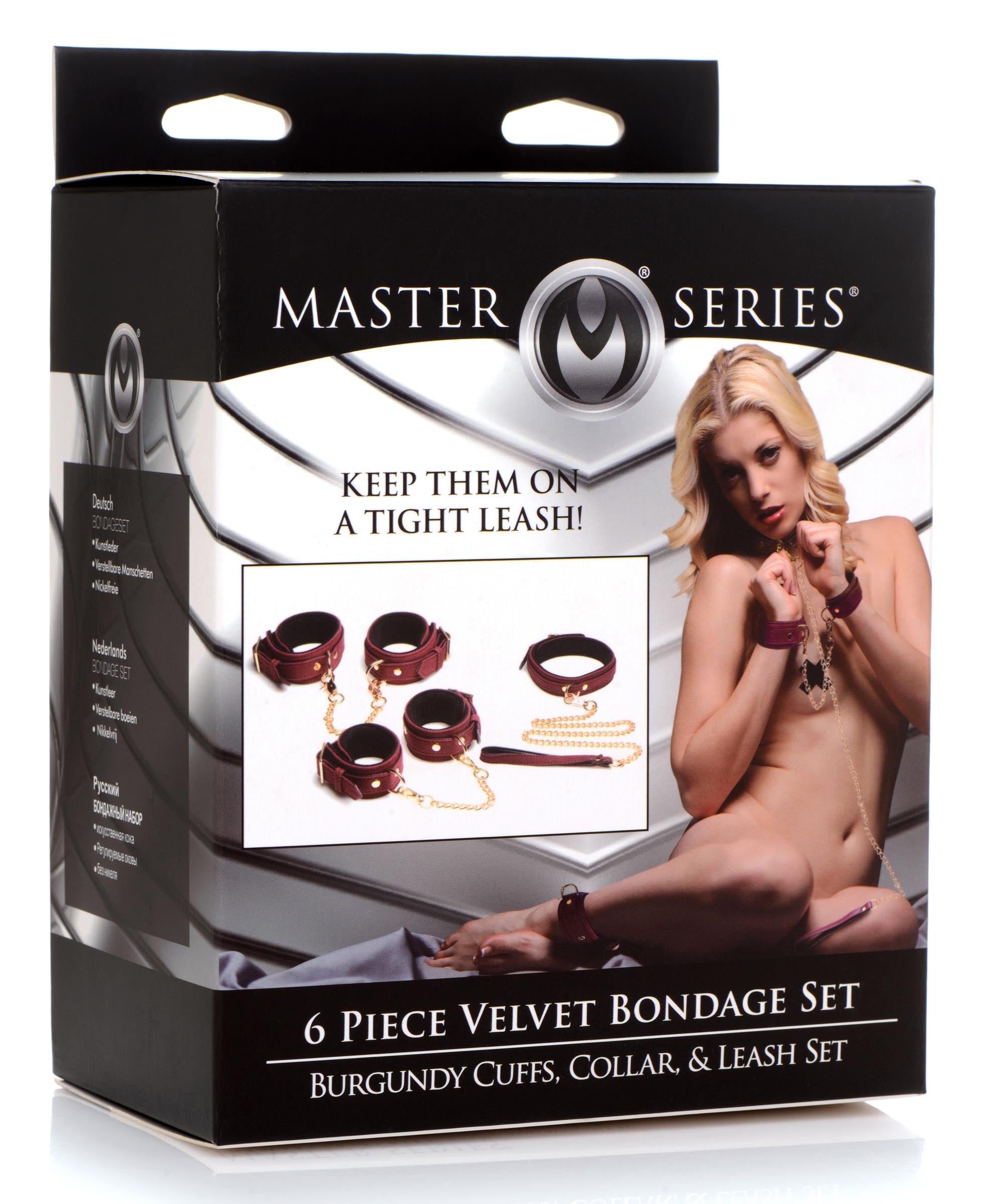 Product display of the 6-piece velvet bondage set in burgundy