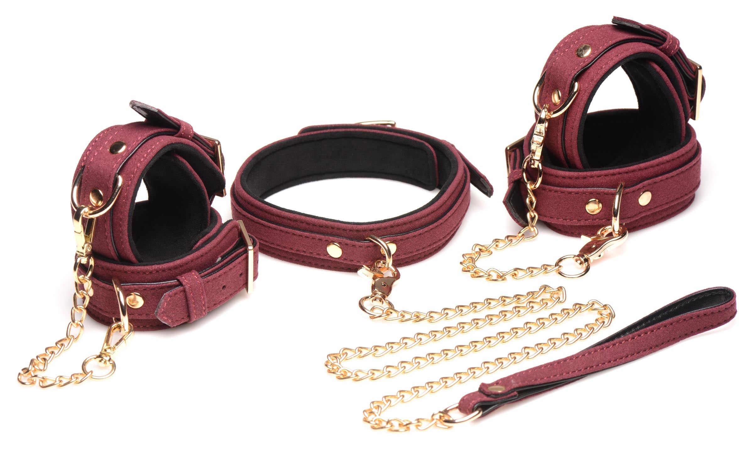 Velvet bondage set with burgundy wrist cuffs linked by a chain