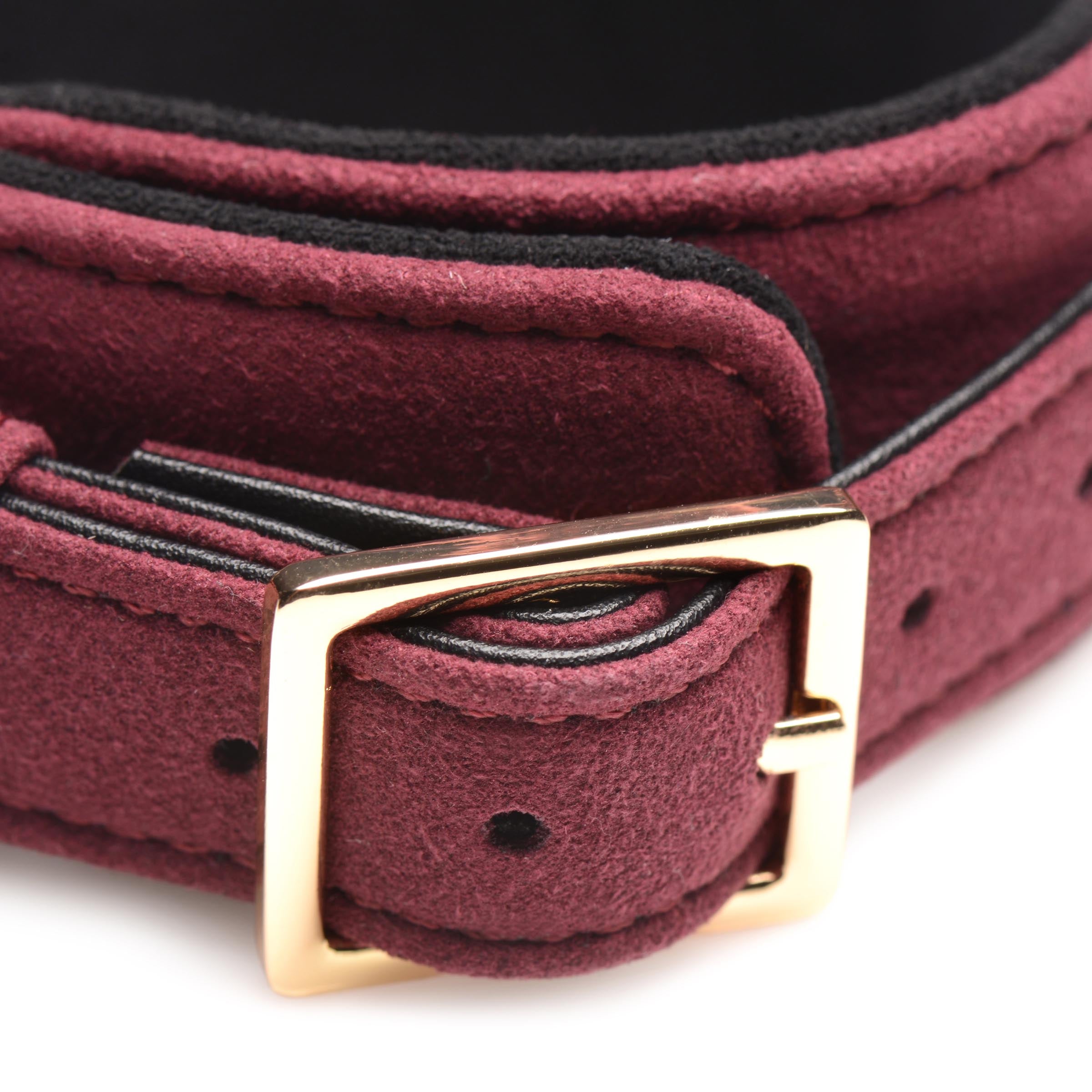 Close-up of burgundy velvet choker with gold buckle fastening