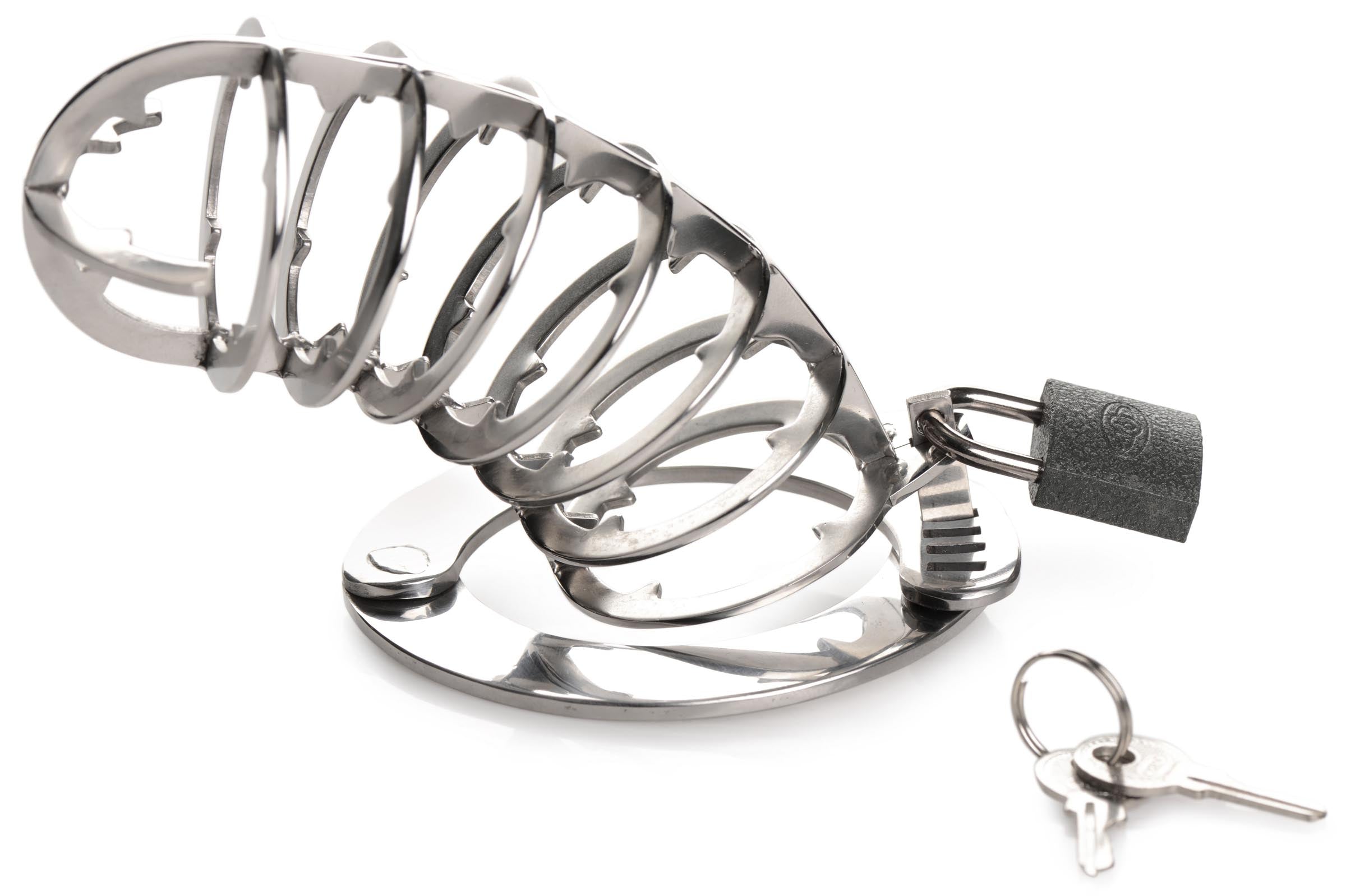 Stainless steel spiked chastity cage with a lock and key