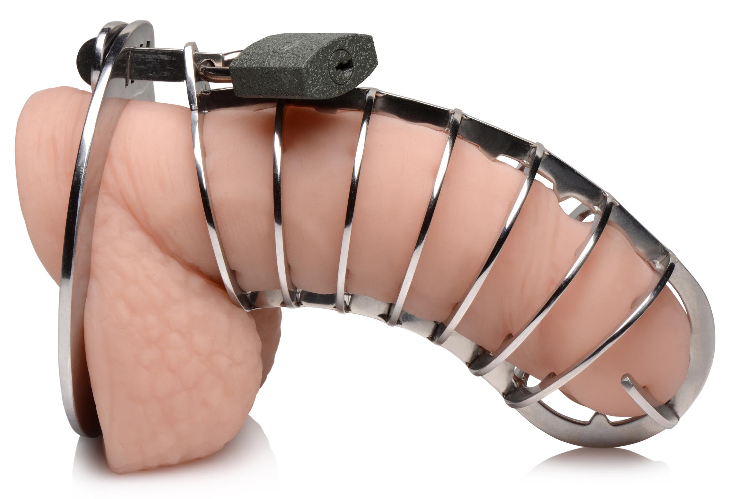 Chastity device made of stainless steel with internal padding