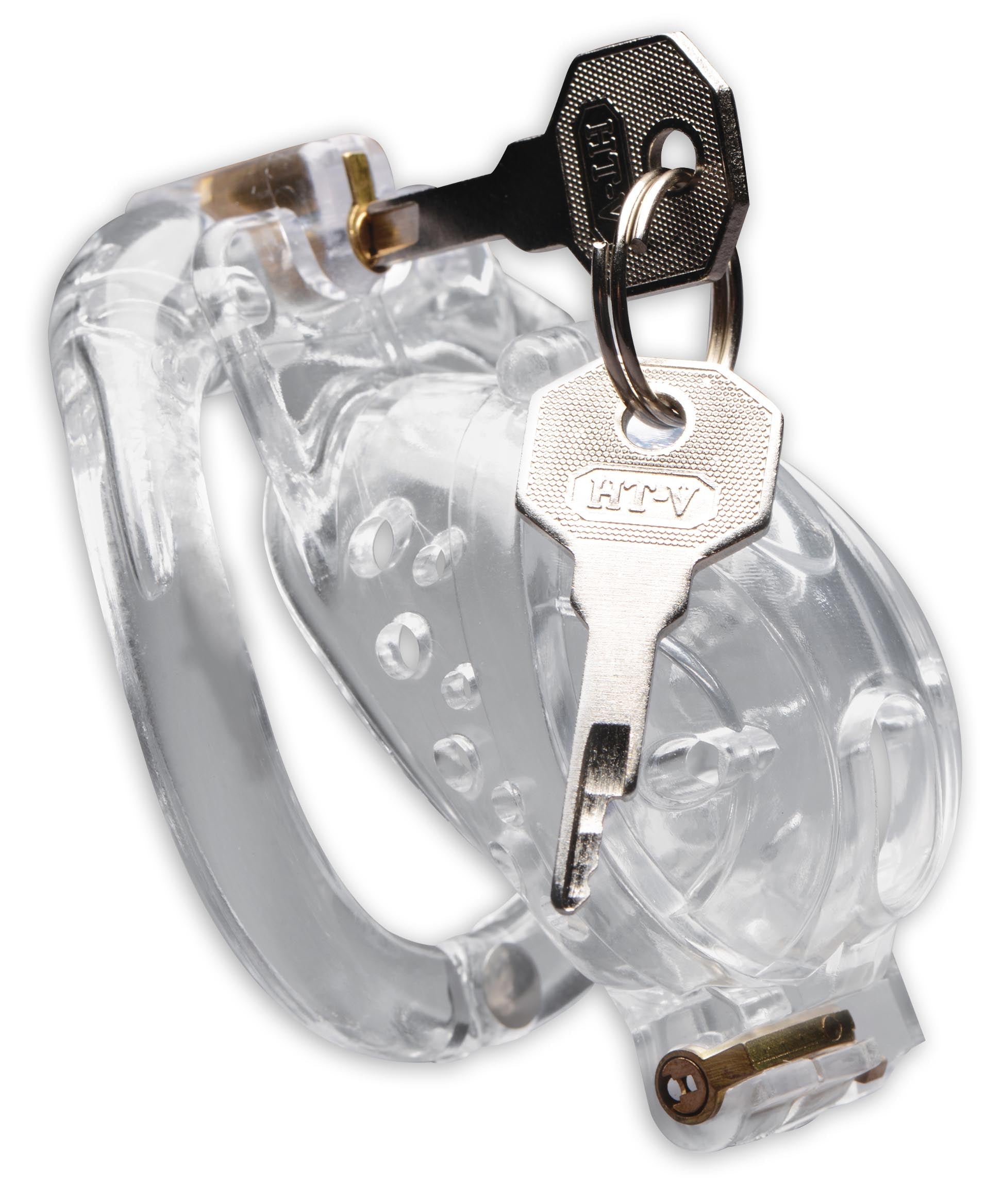 Transparent chastity device component with attached key