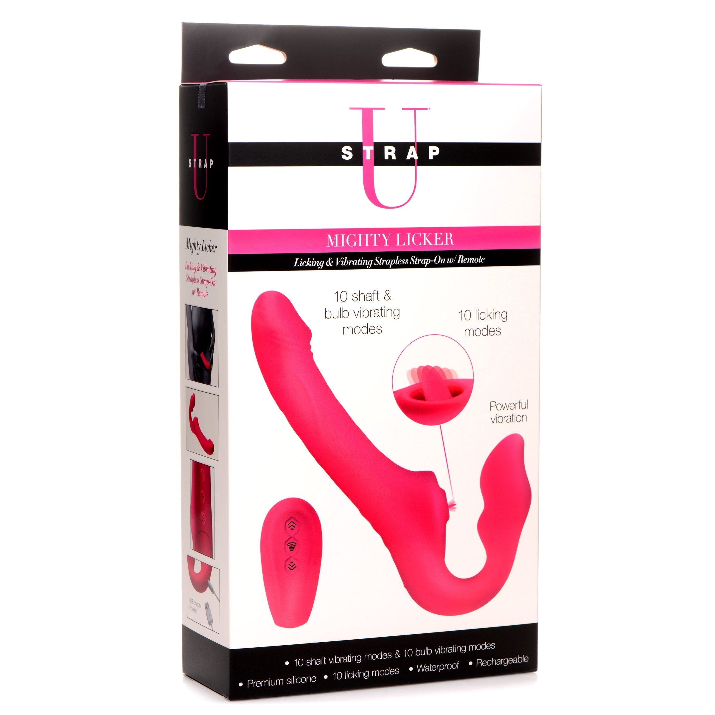 Pink strapless strap-on with remote control in its original packaging