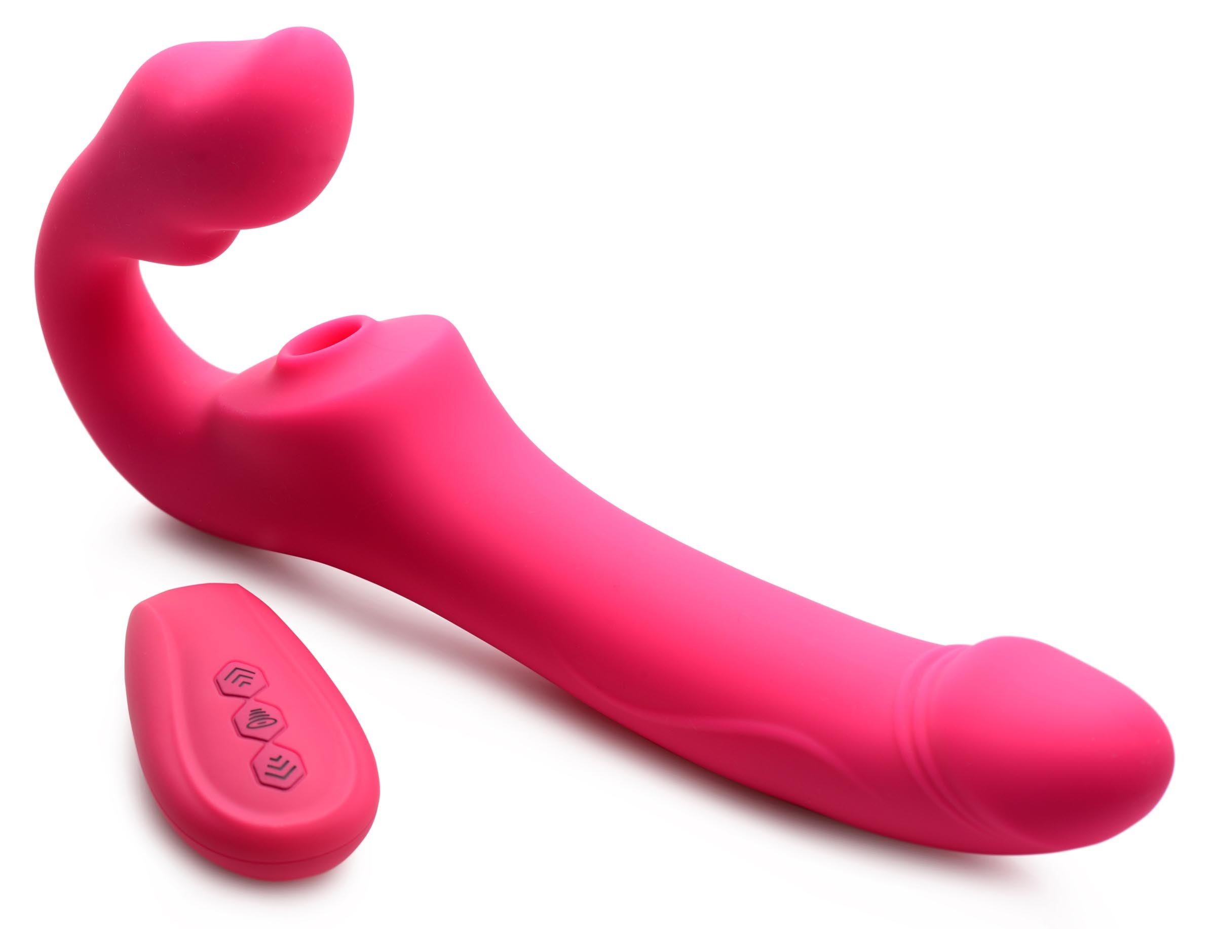 Pink strapless strap-on with a wireless remote control