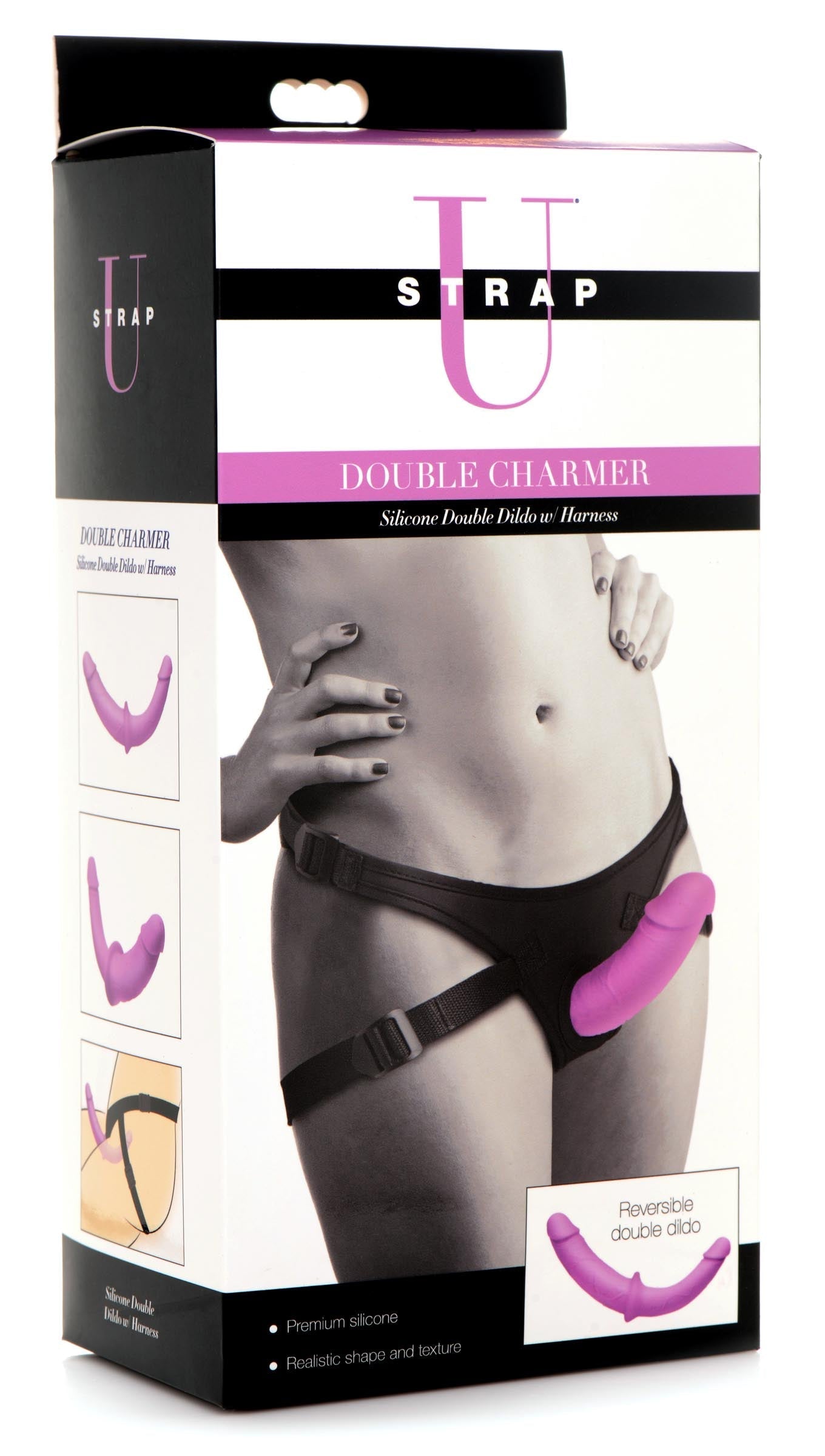 Purple and pink harness designed for use with a double-ended dildo