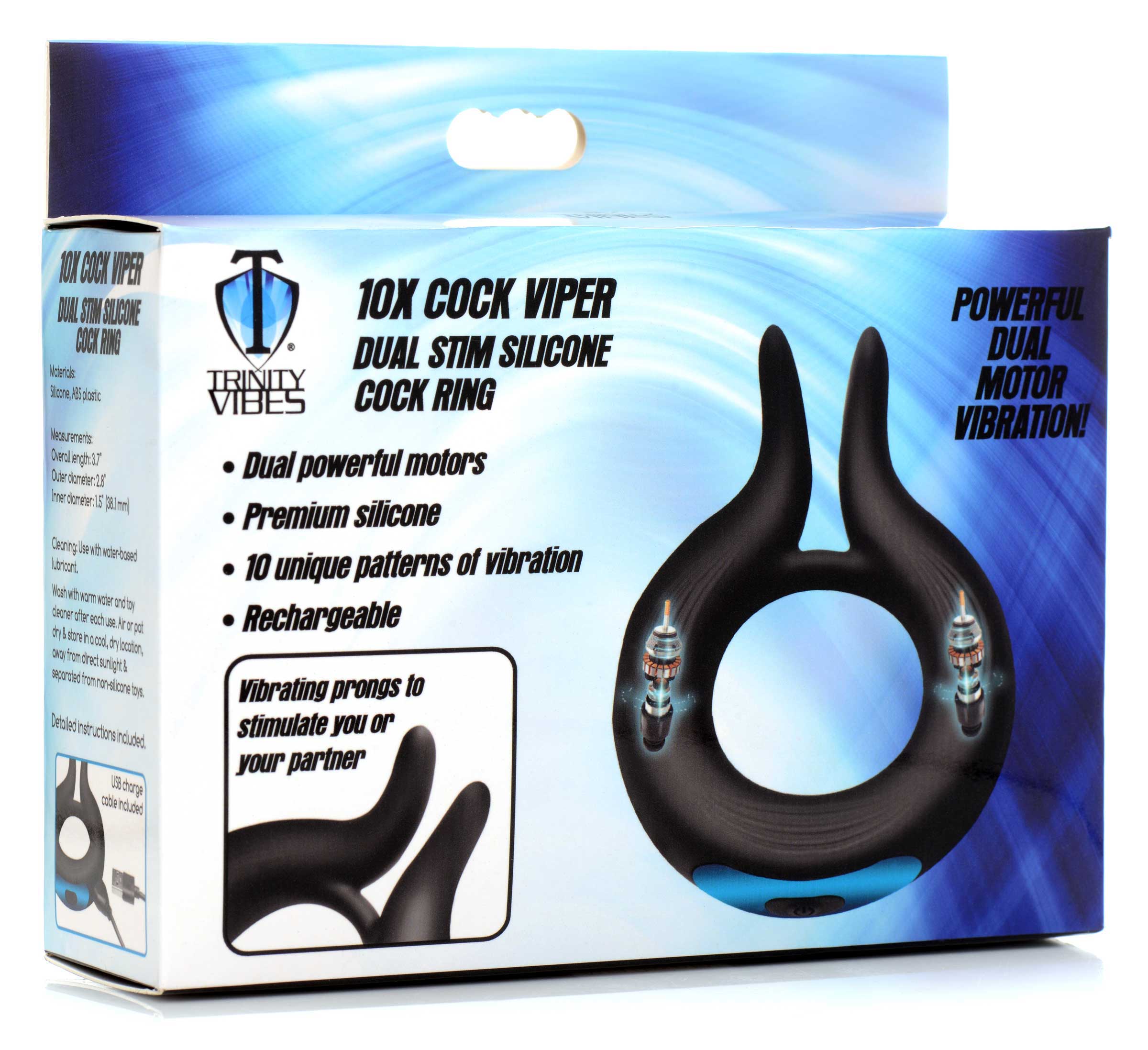 Packaging box of the 10x Dual Stim Silicone Cock Ring product