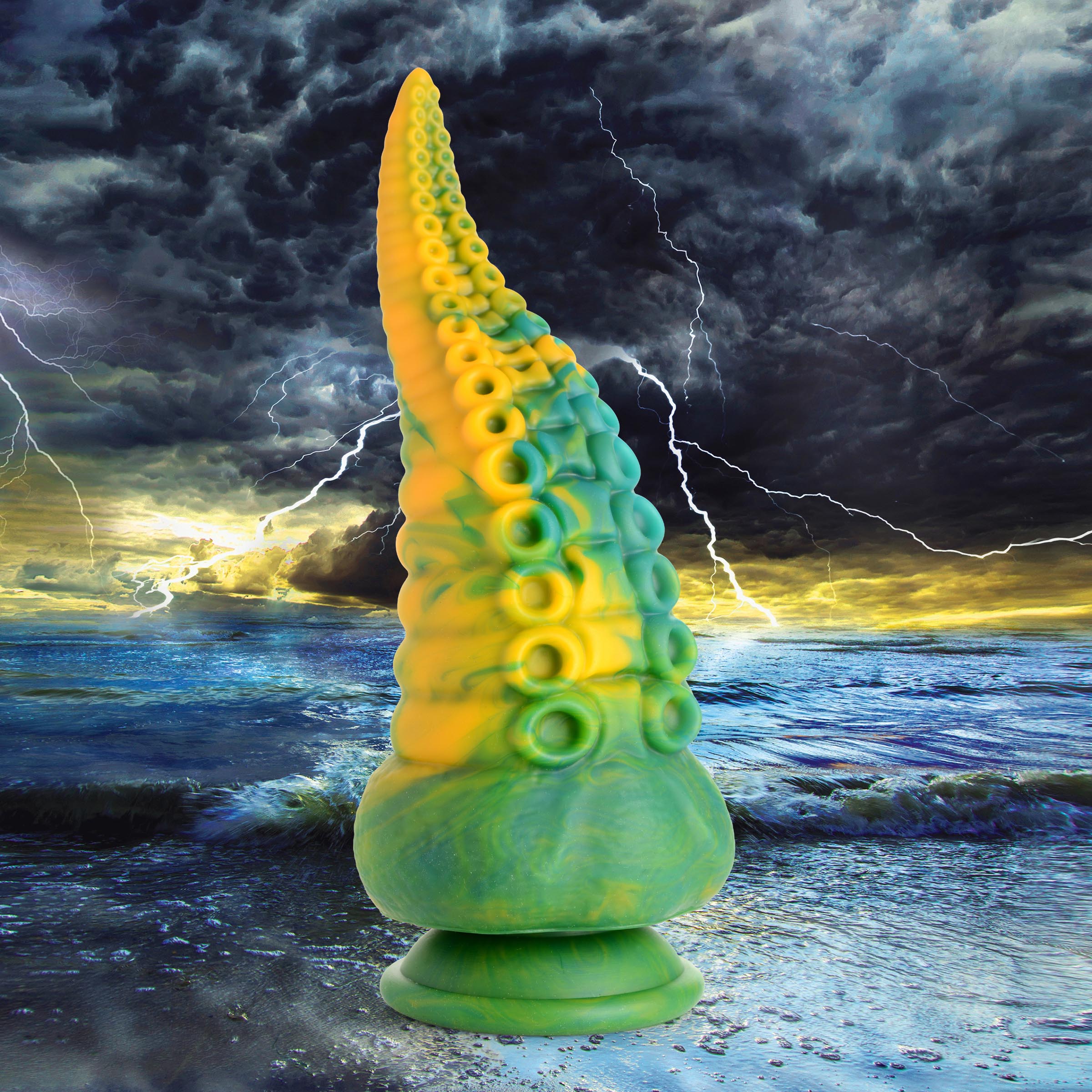 Octopus-themed green and yellow silicone dildo for adult use