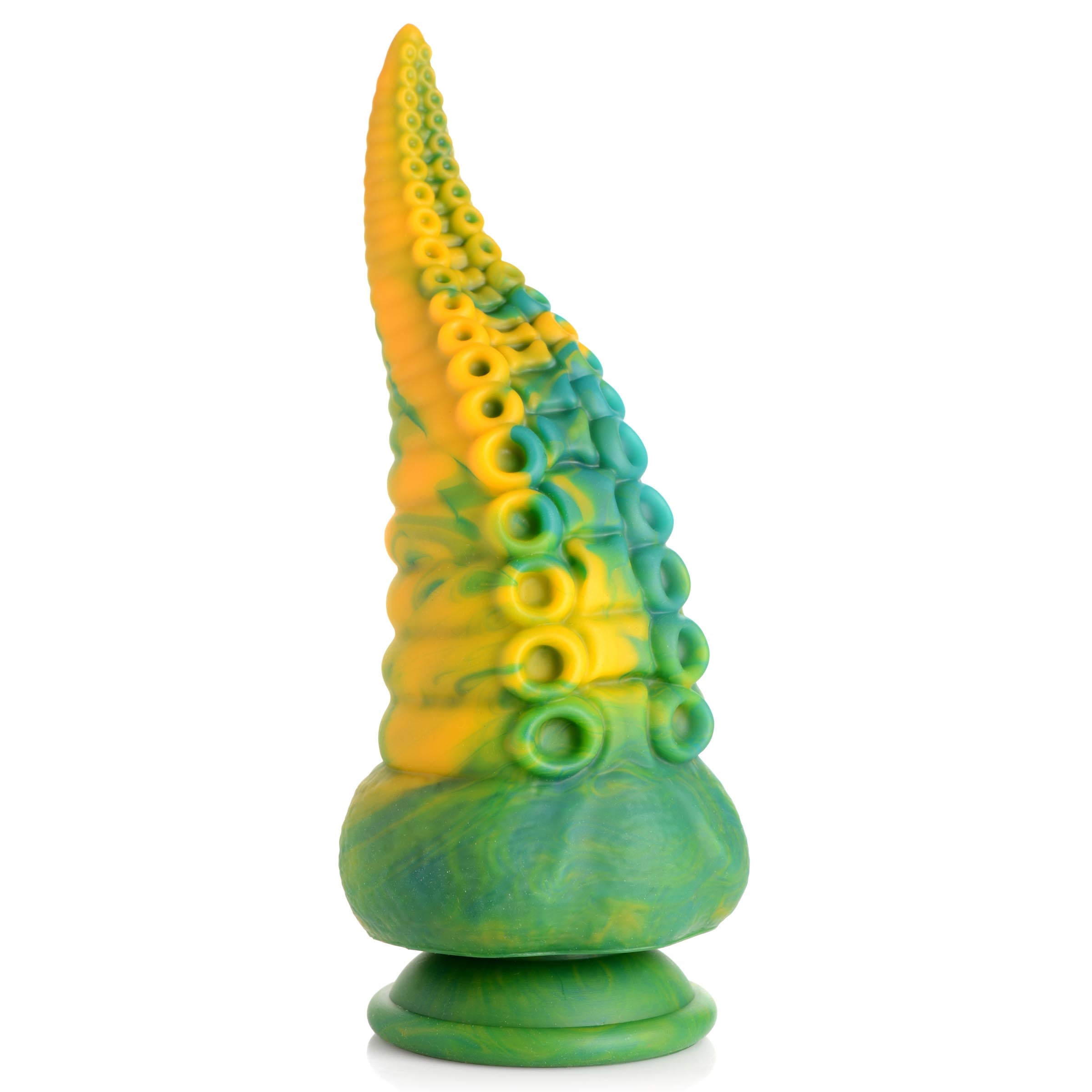 Silicone dildo with tentacle design in green and yellow