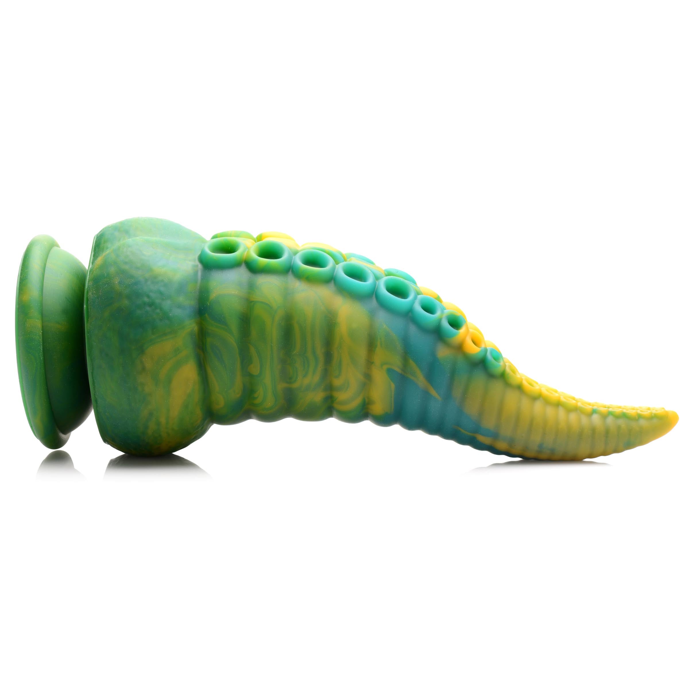 Flexible tentacle-shaped silicone dildo in green and yellow