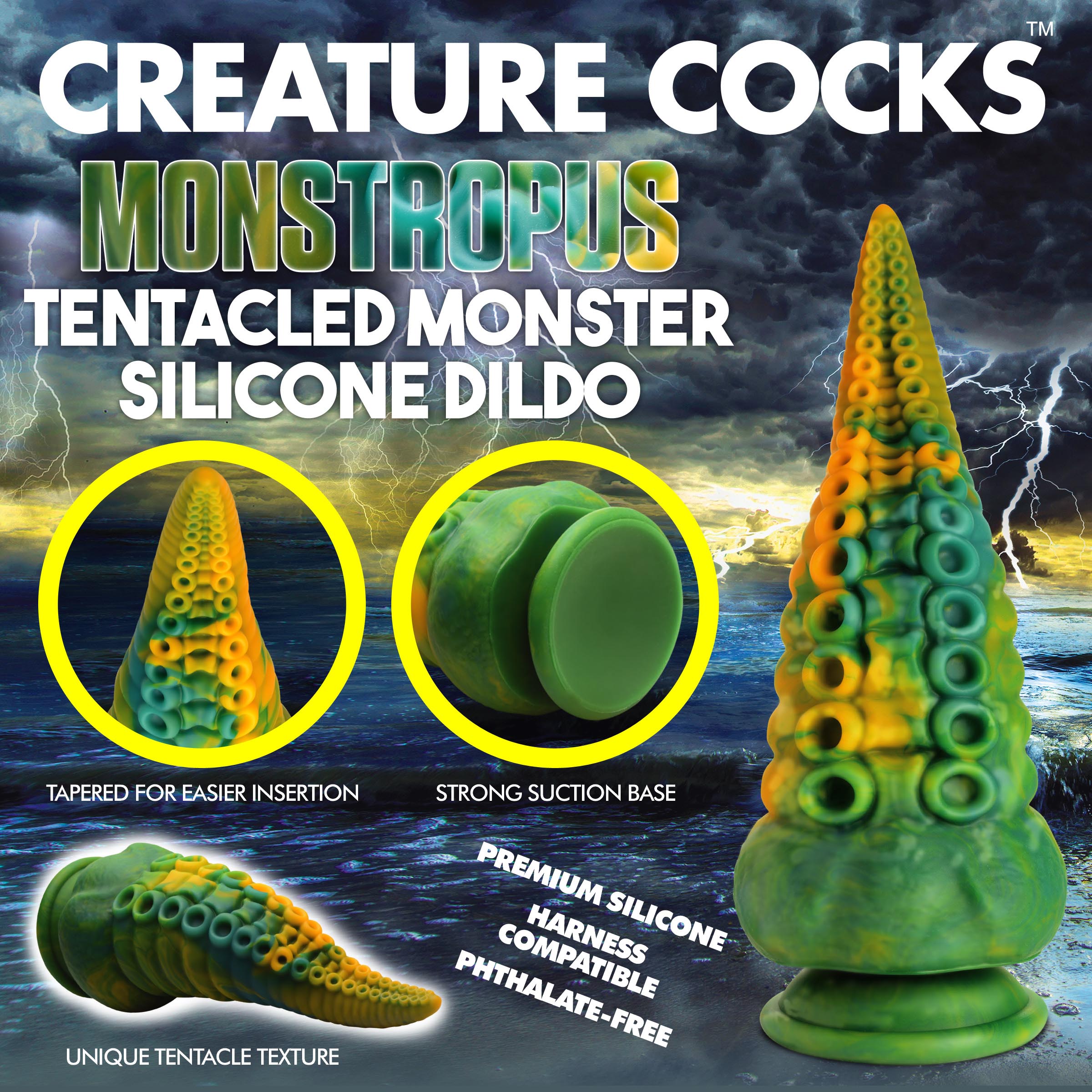 Silicone dildo featuring a green monster head and tentacle body