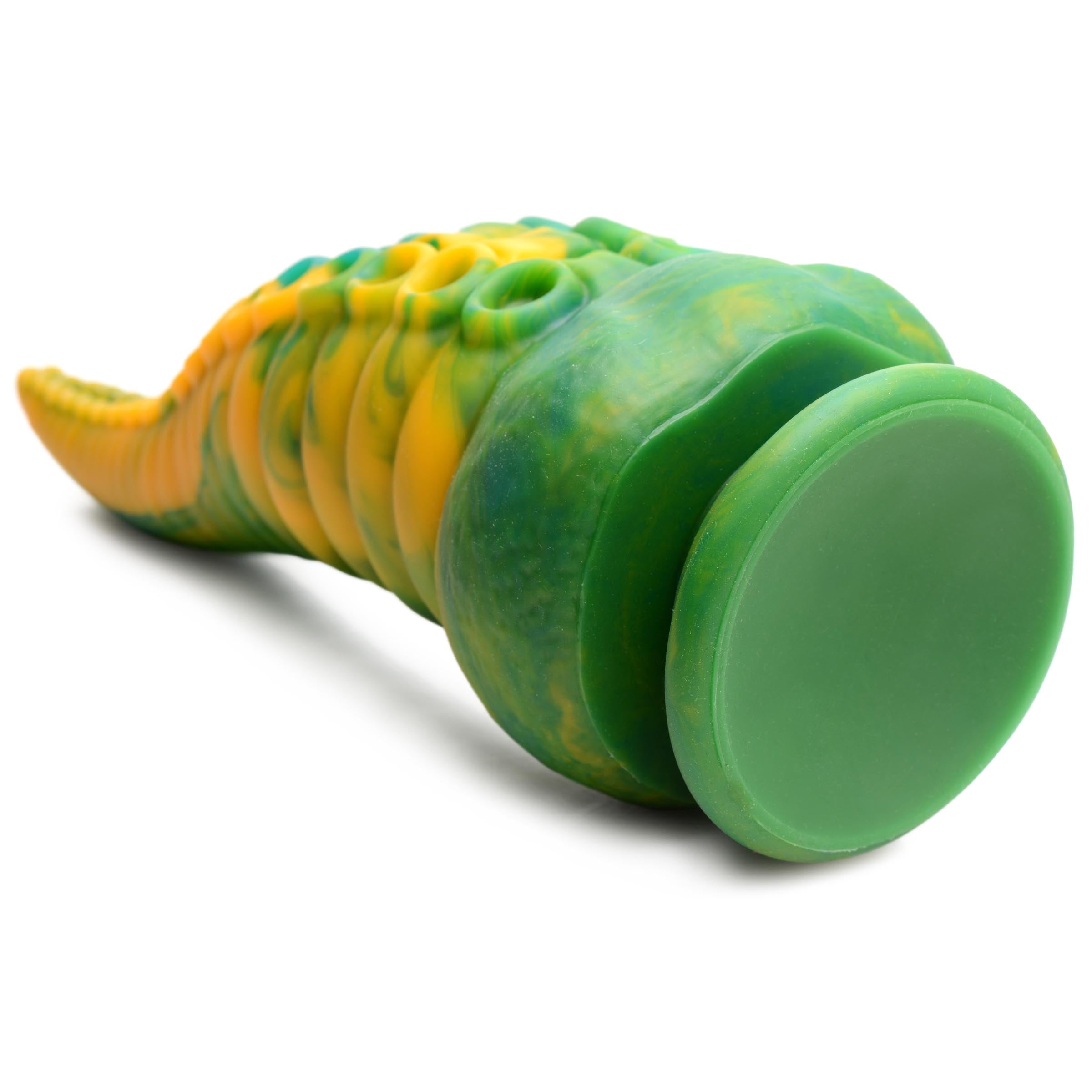 Green and yellow silicone dildo with octopus-inspired features