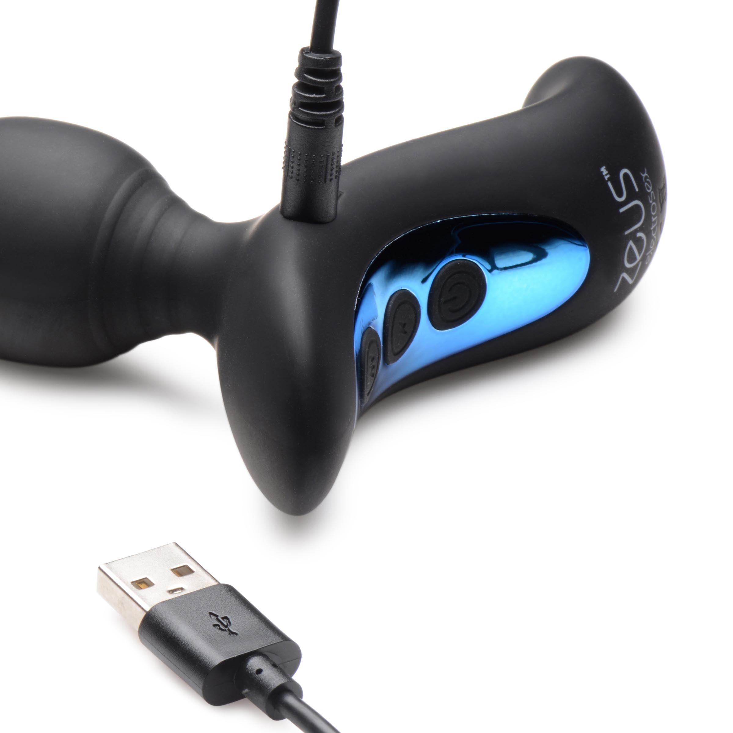 Black and blue vibrating anal beads with an included USB charging cable