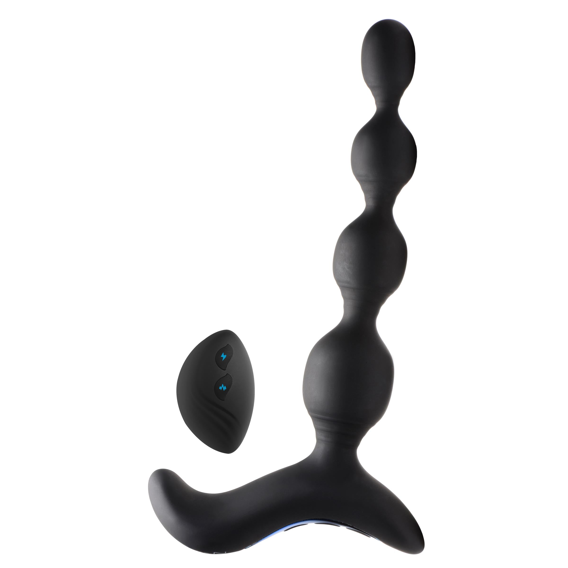 Silicone anal beads with vibration and e-stim features alongside a remote control