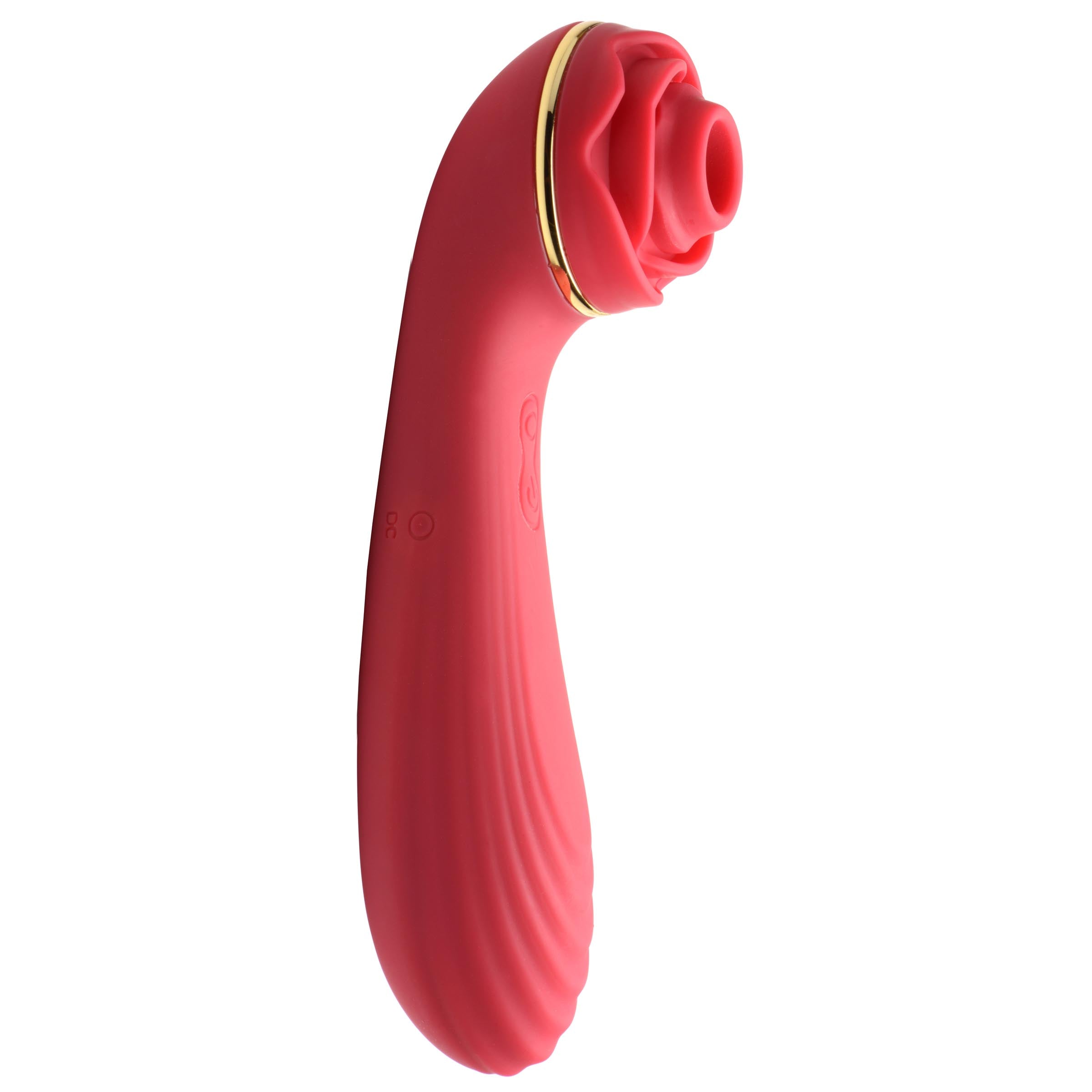 Detail of the red Passion Petals rose vibrator with gold detailing